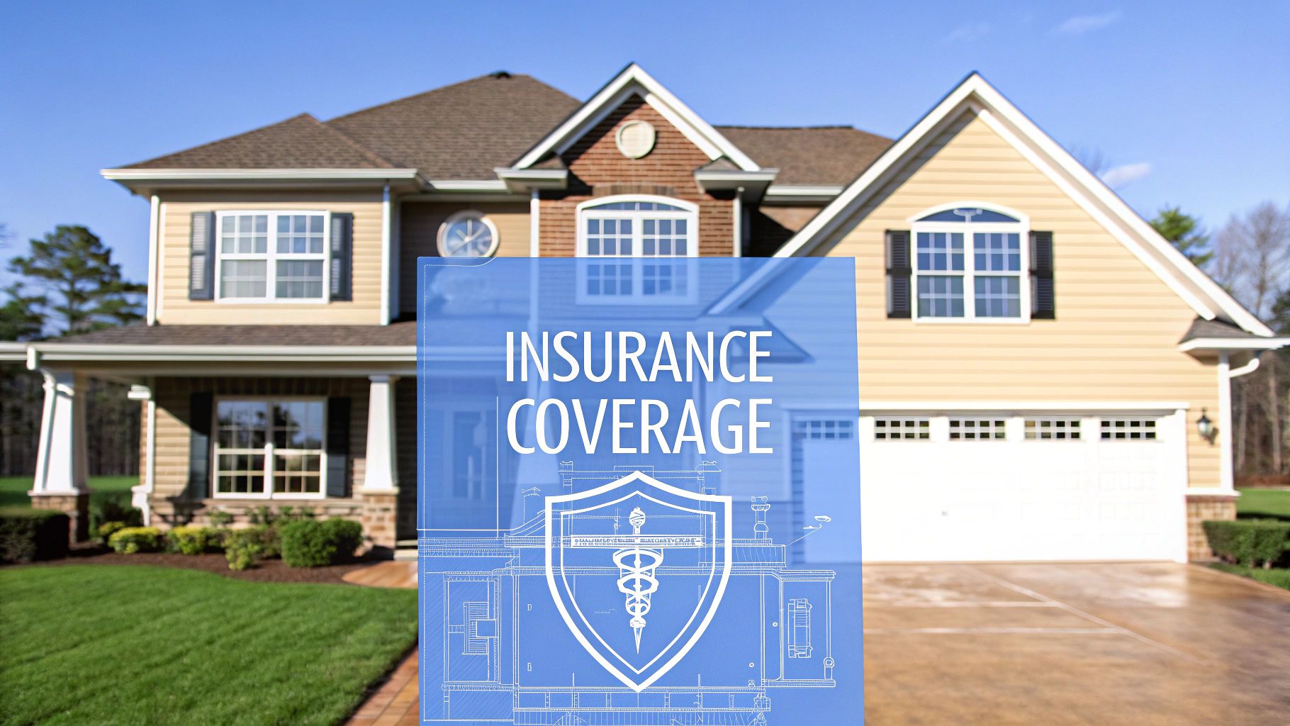 The outside of a 2 story single family home on a sunny day with green grass and concrete driveway with a blue sign that says insurance coverage.