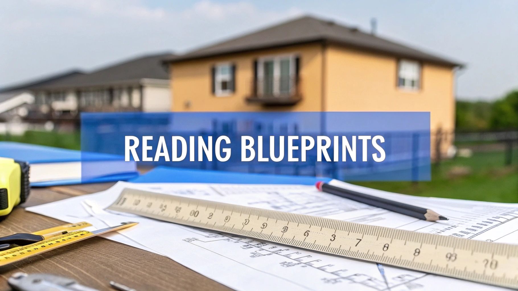 Blueprints on a table in front of a house outside with a ruler and a pencil and tape measure.