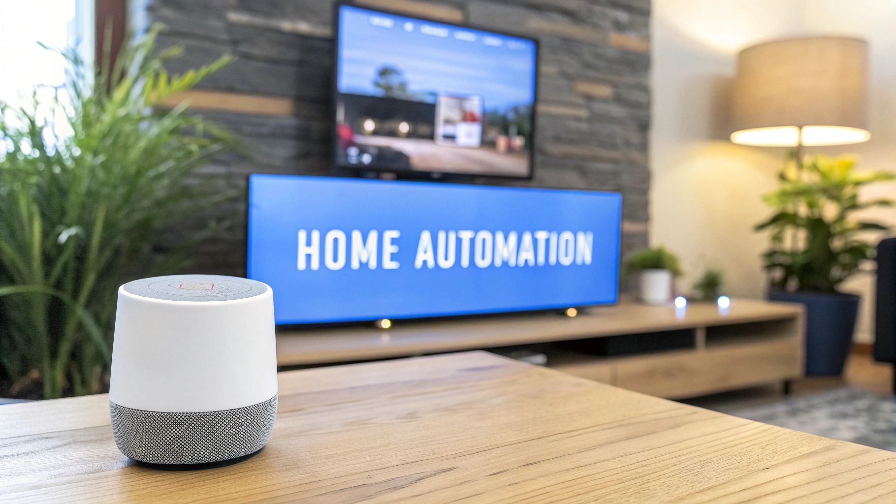A picture of a room with a smart device speaker on a wood table and a wall mounted TV in the background with a blue sign below it that says home automation.