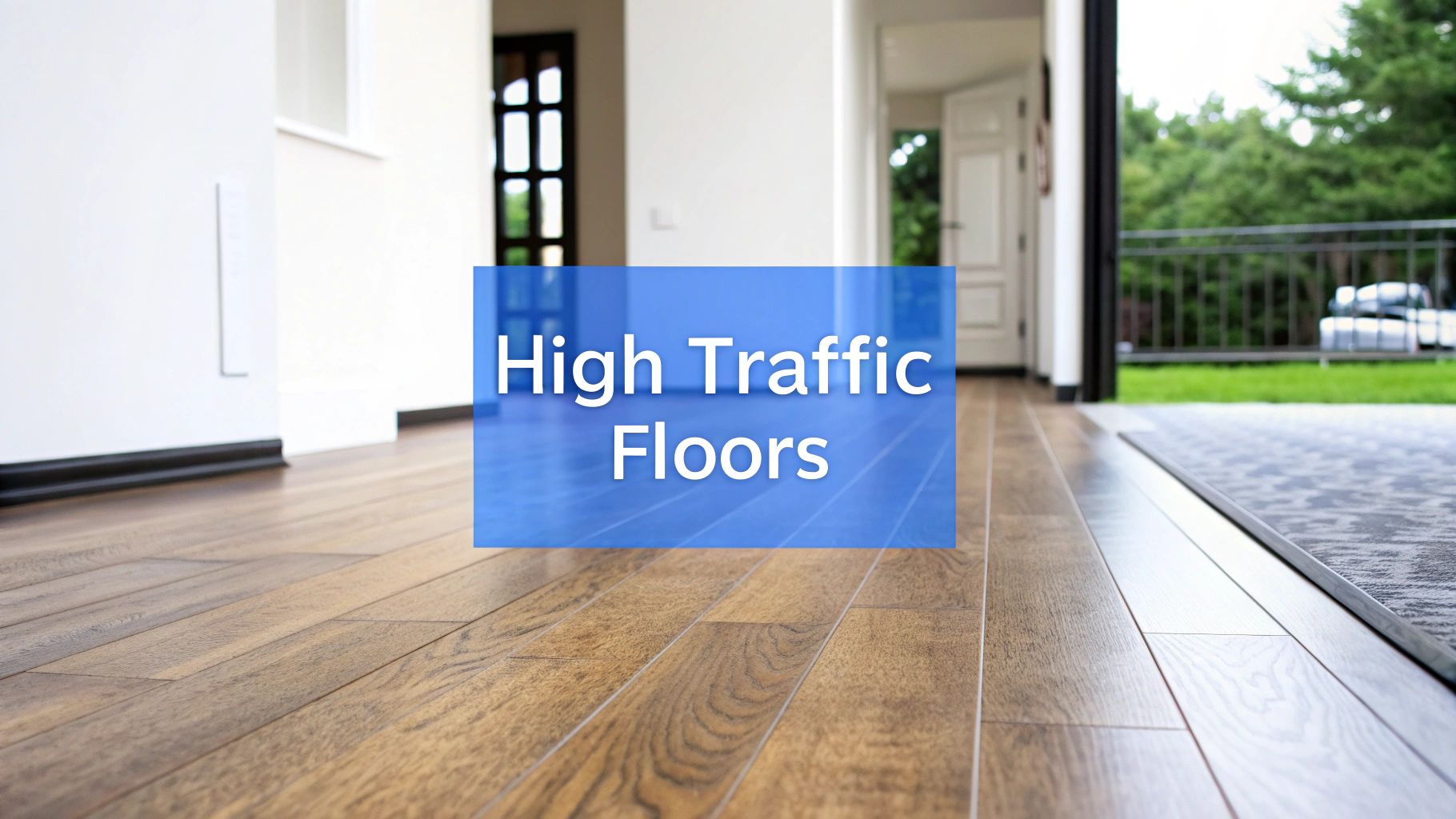 A picture showing flooring in a home with words on the image that say high traffic floors.