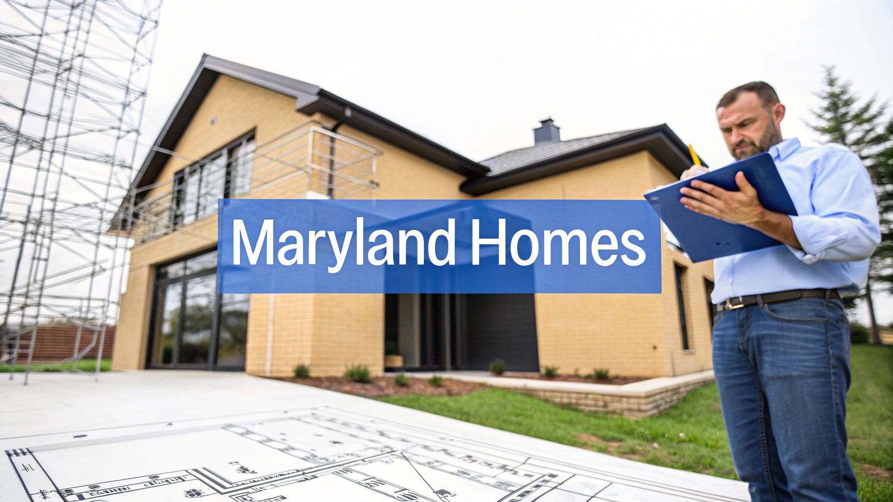 A man with a blue clipboad standing outside of a new home being built.