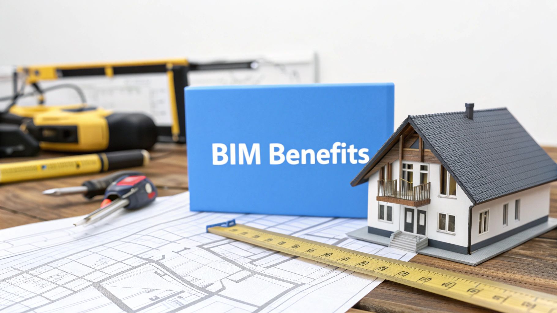 A small model house sitting on a wooden table next to blueprints, a ruler, a screw driver and a small blue sign that says BIM Benefits.