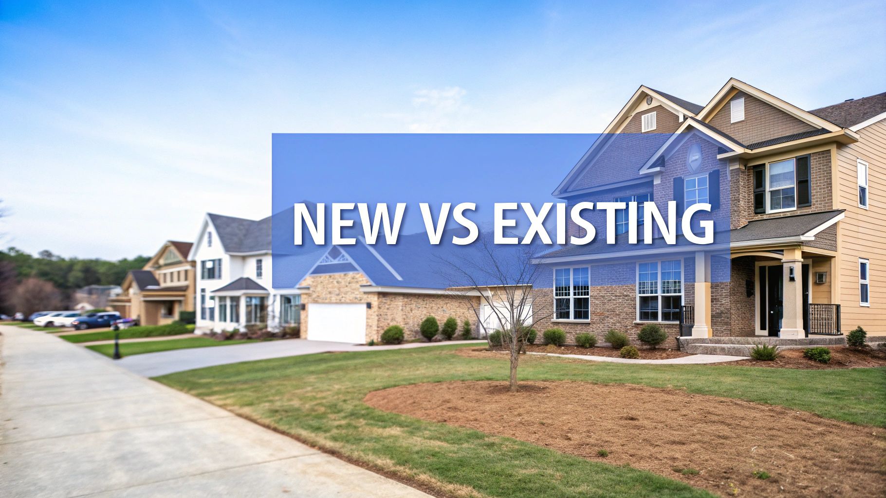 A streetscape of single family homes outside on a sunny day.