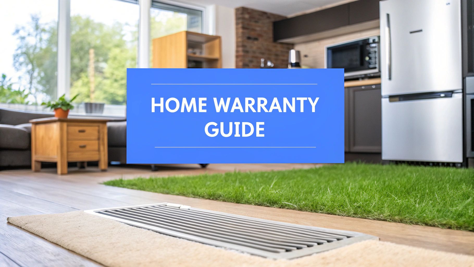 A kitchen with appliances in front of a artificial grass rug and a blue sign on the image that says home warranty guide.