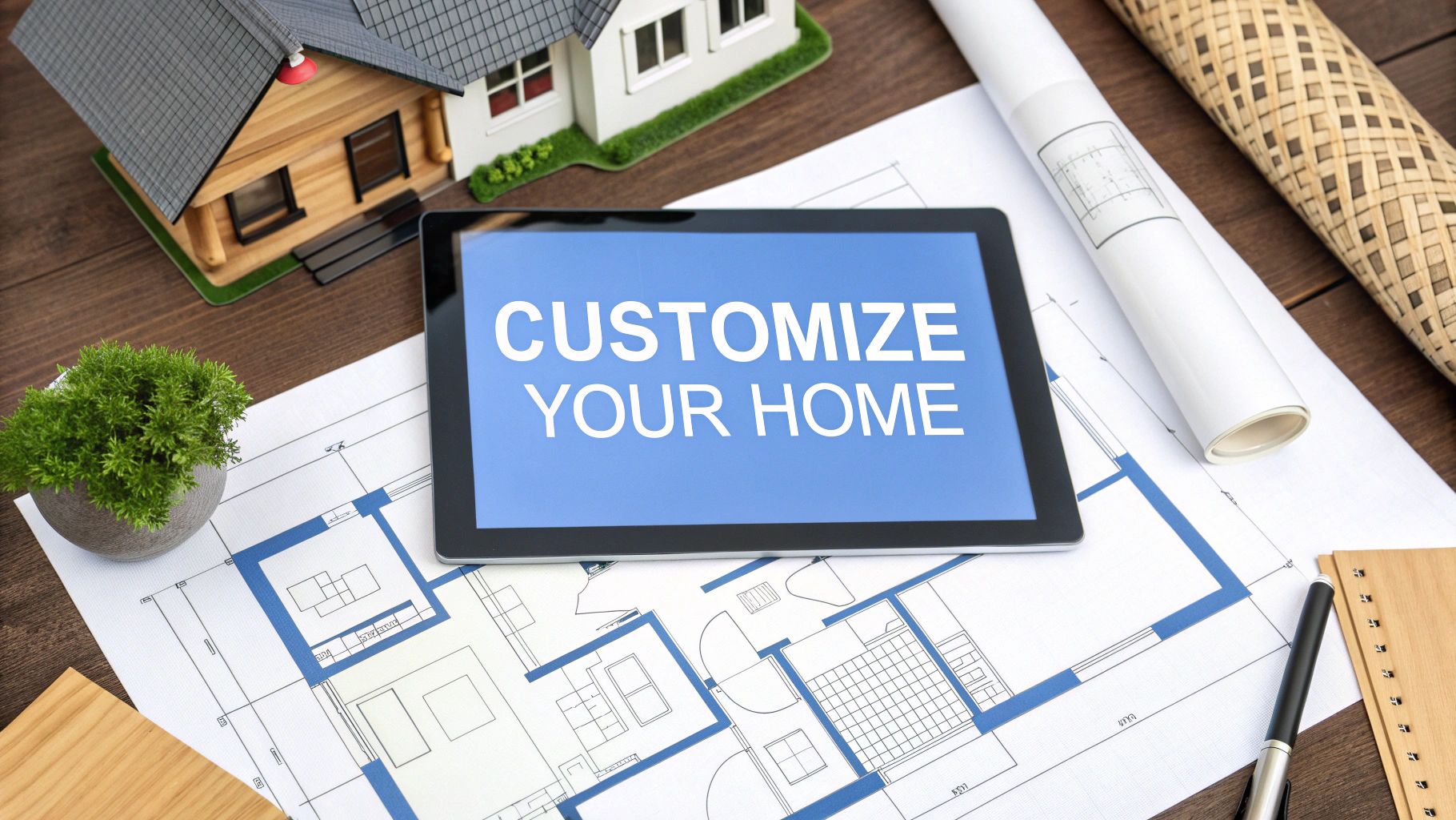 Blueprints on a table with a small model house with a tablet that says customize your home.