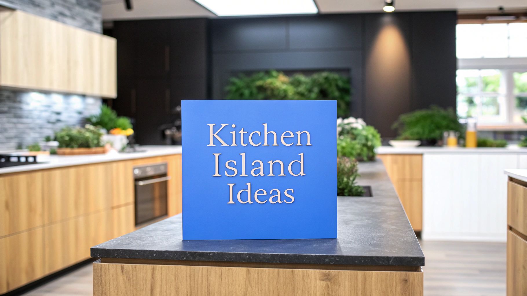 A picture of a moden kitchen with light wood cabinets mixed with white and dark countertops and an island with a blue sign on it that says kitchen island ideas.