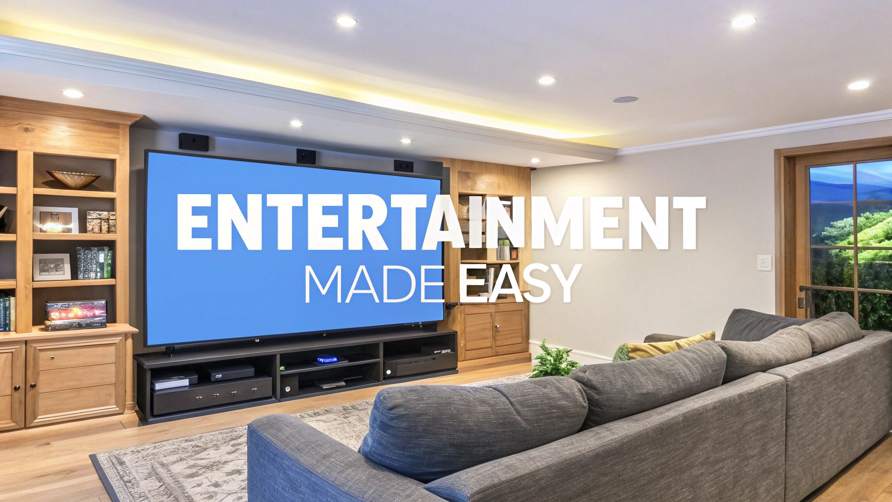 A home theater with a large screen in front of a long grey sectional couch.