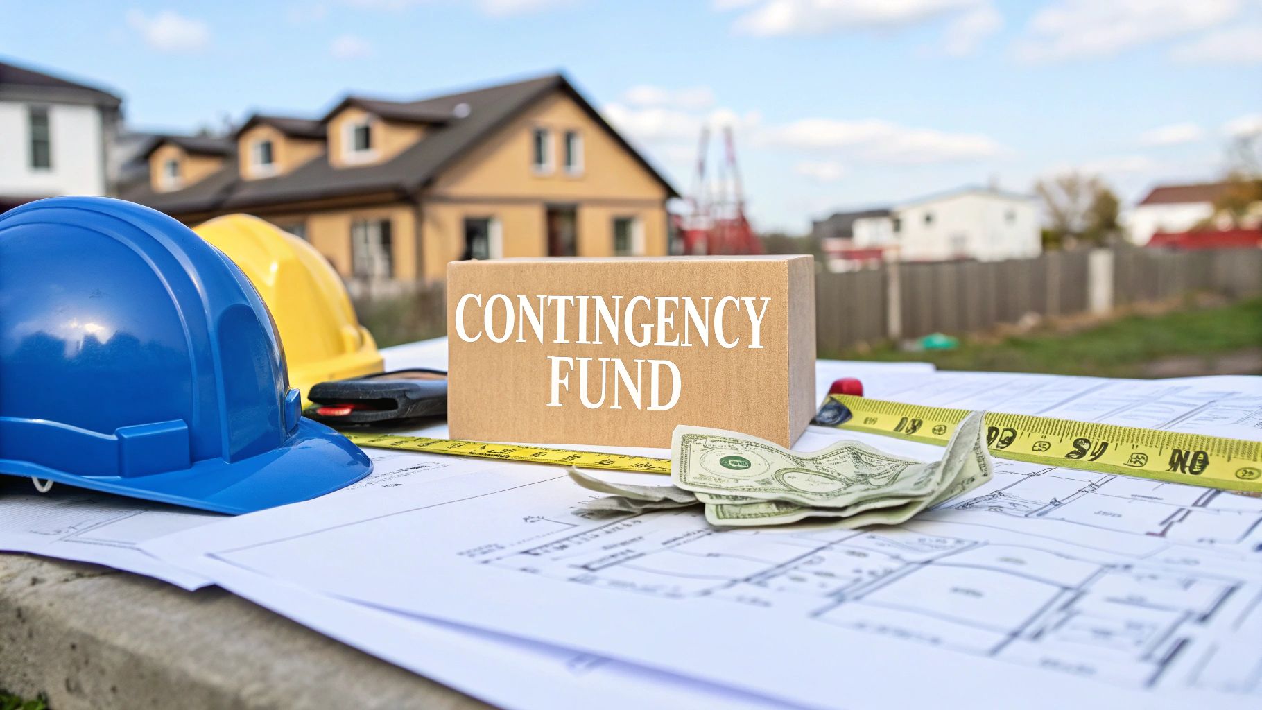 A picture of blueprints on a table outside with a blue and yellow hard hat laying next to it and a tape measure with cash on top of the blueprints with a block of wood that says contingency fund.
