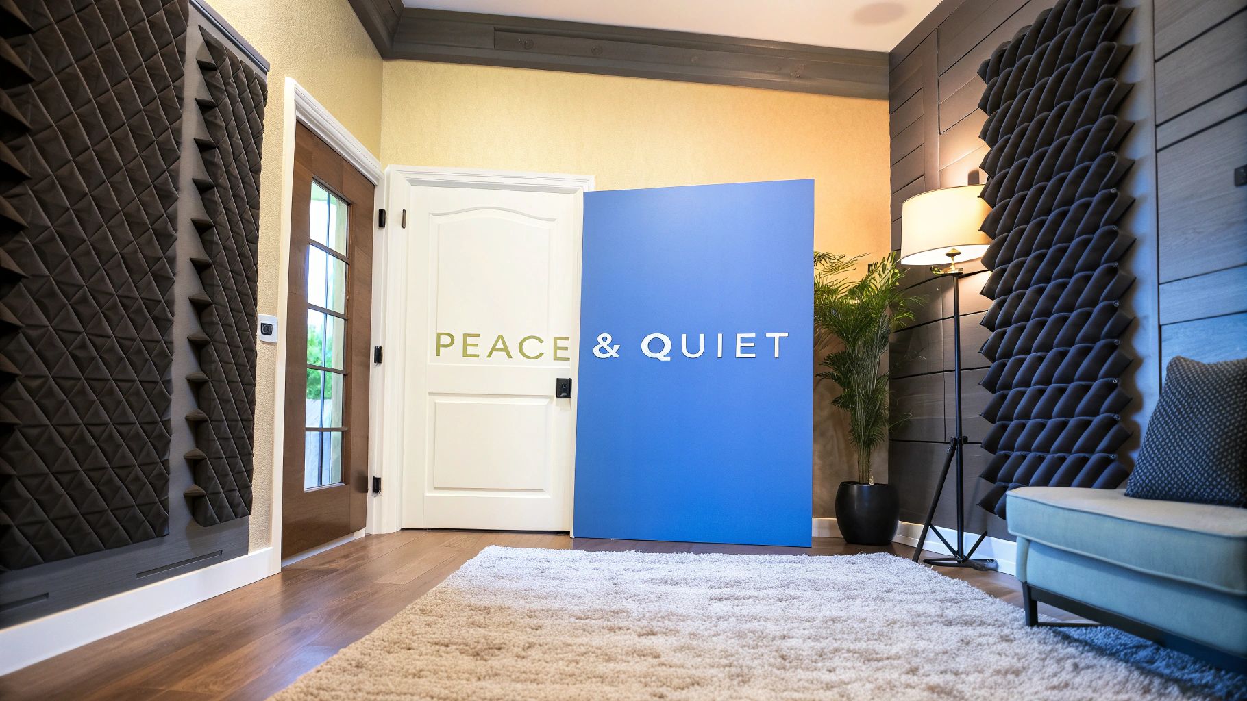 A picture of a room with sound reducing foam panels on the wall, a rug on the floor, a couch, wood floors and a white interior door next to a wood exterior door with a full length window and words on the image that says peace and quiet.