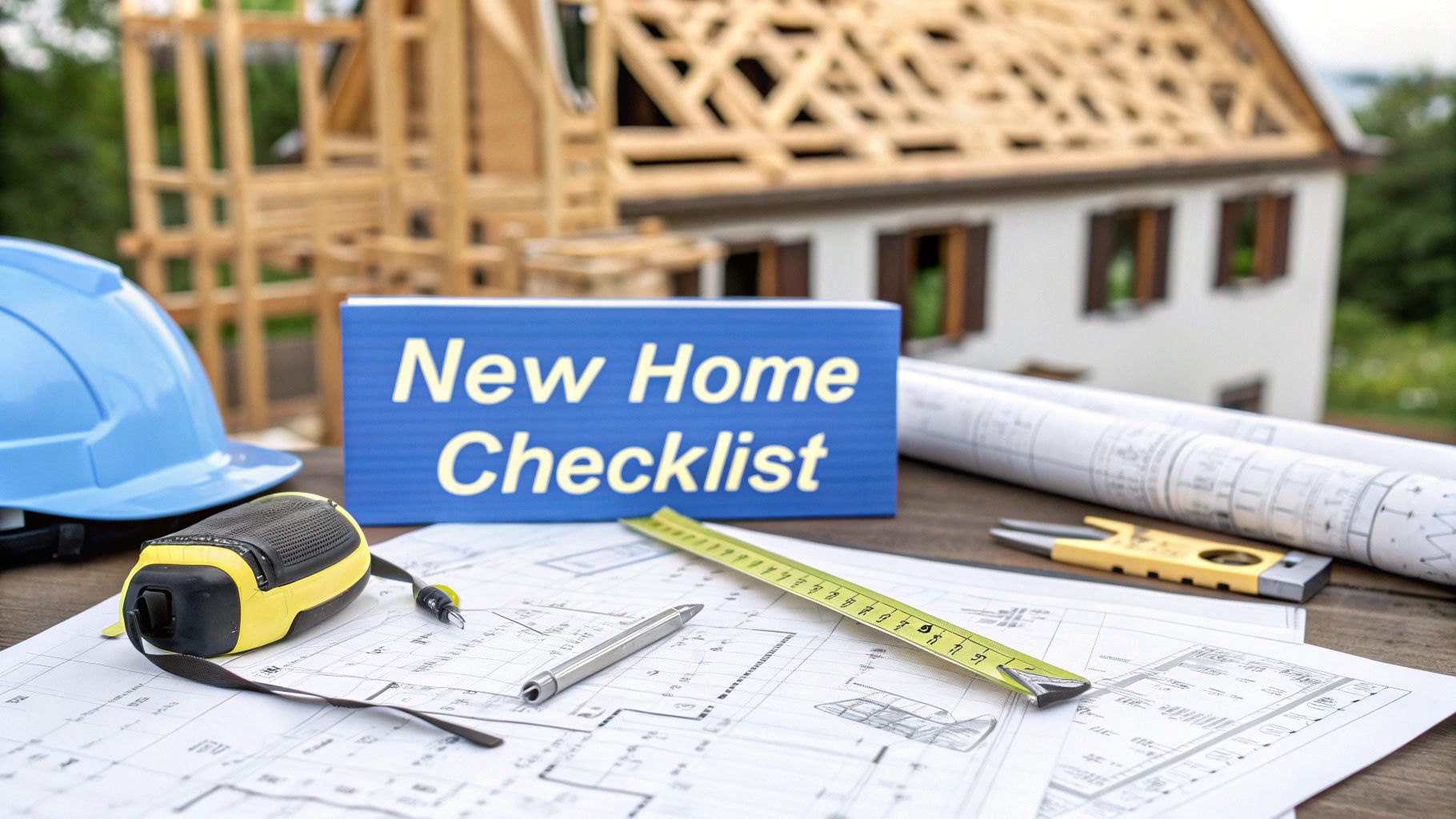 Blueprints on a wood table with a tape measure and a home being framed in the background