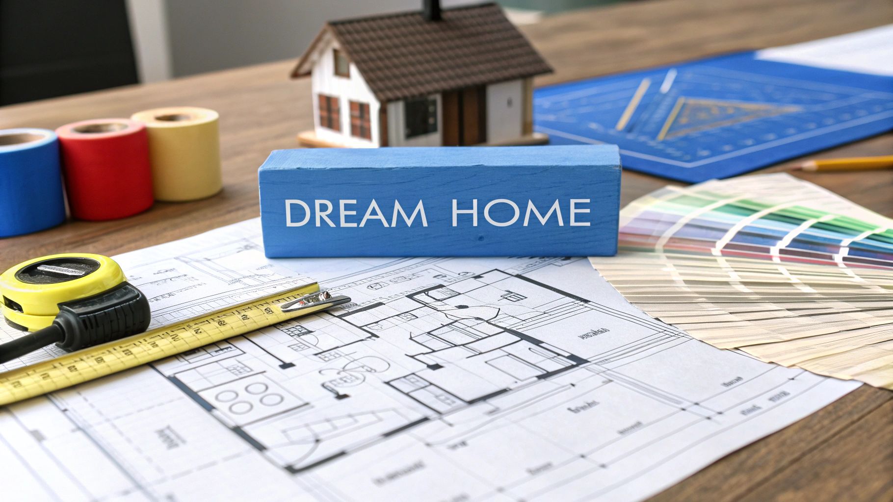 Blueprints on a wood table with a yellow tape measure, paint swatches, a small white model house and a blue rectangular box that says dream home.