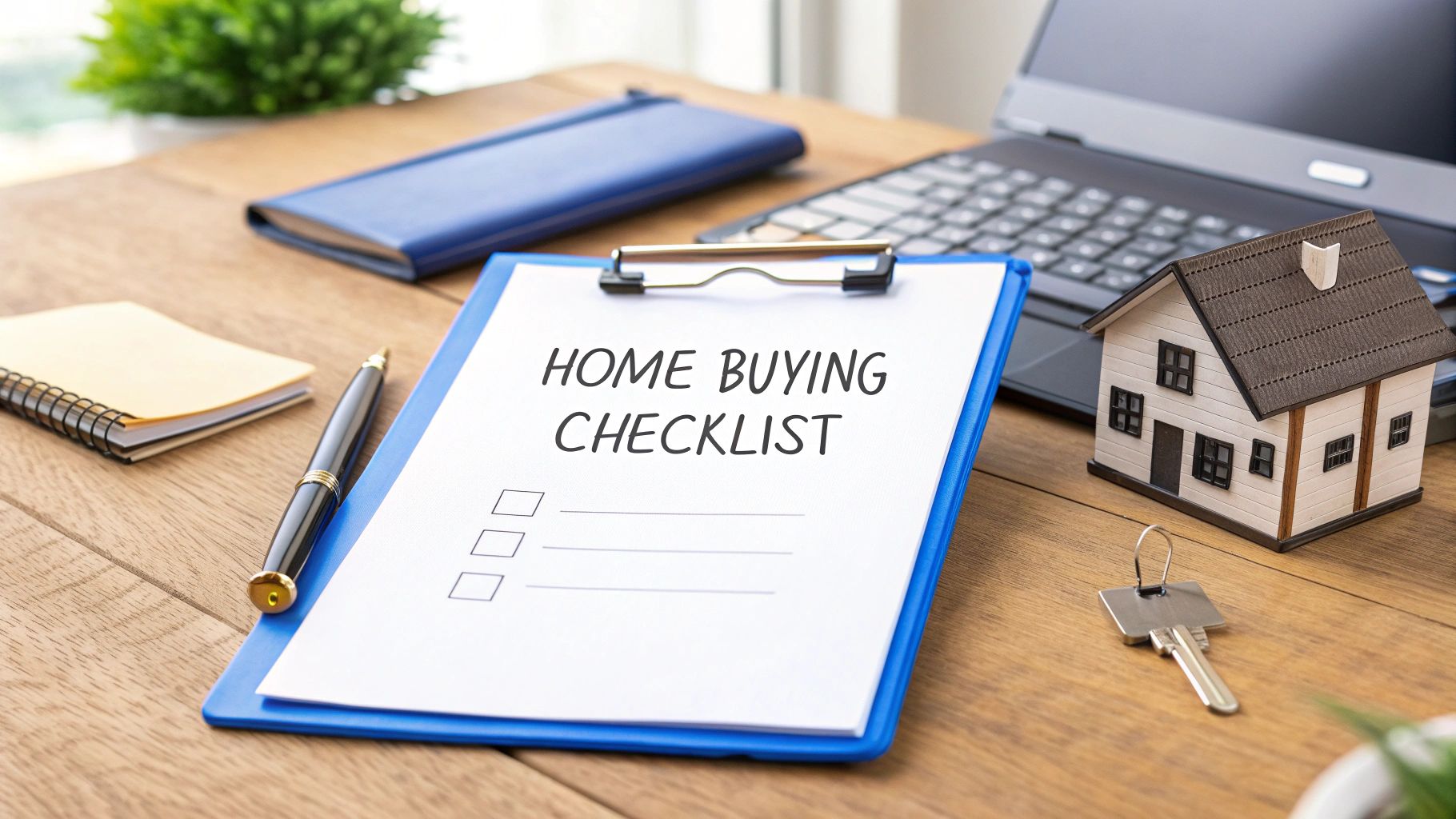 A blue clip board with a paper saying home buying check list on a wood table with a small house model and a laptop , key and pen.