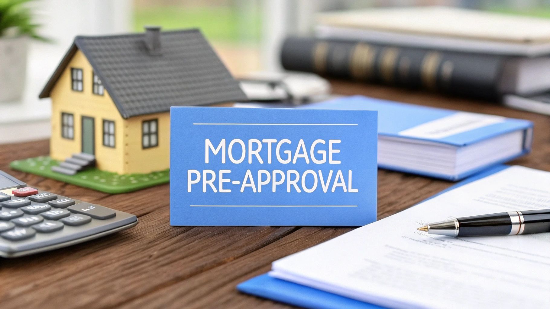 A small model house on a wooden table next to a calculator, book, notebook with a pen on top and a blue sign that says mortgage pre-approval.