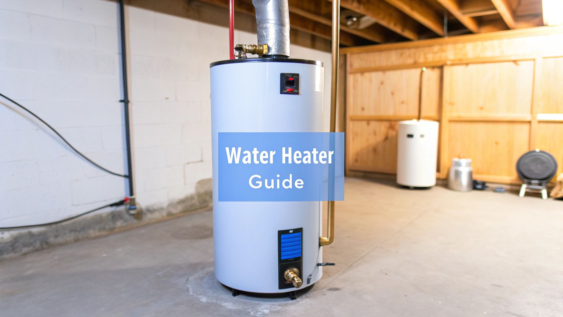 A picture of a water heater in an unfinished basement.