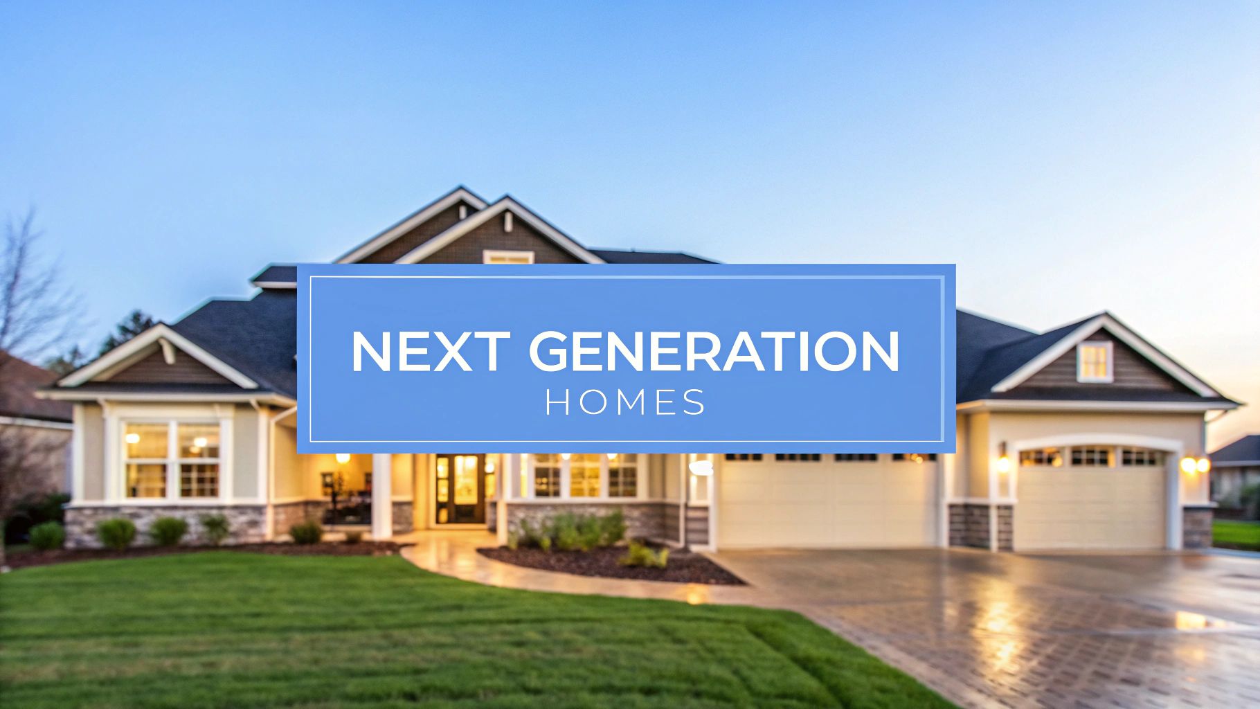 A picture of a single family home with a 3 car garage outside at sunset with words that say next generation homes.