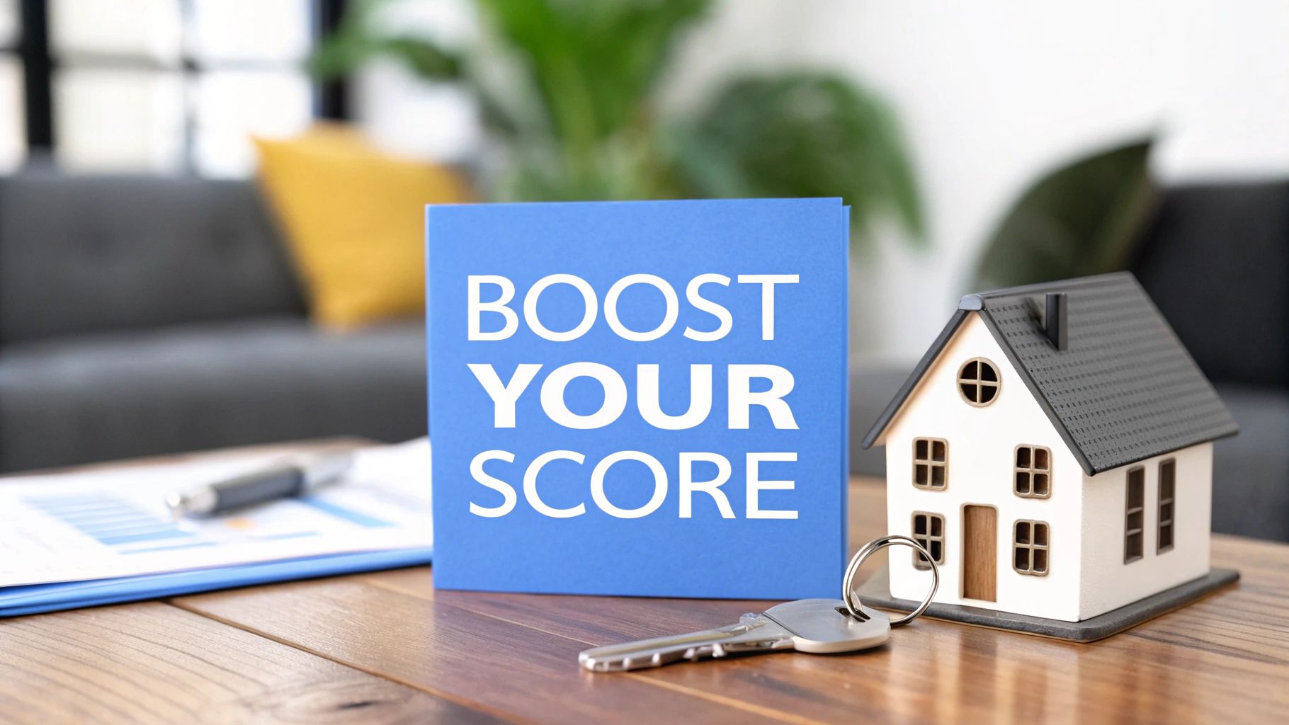 A small model of a house on a wood table with a key laying in front of it next to paper with a pen on top and words on the image that says boost your credit score.