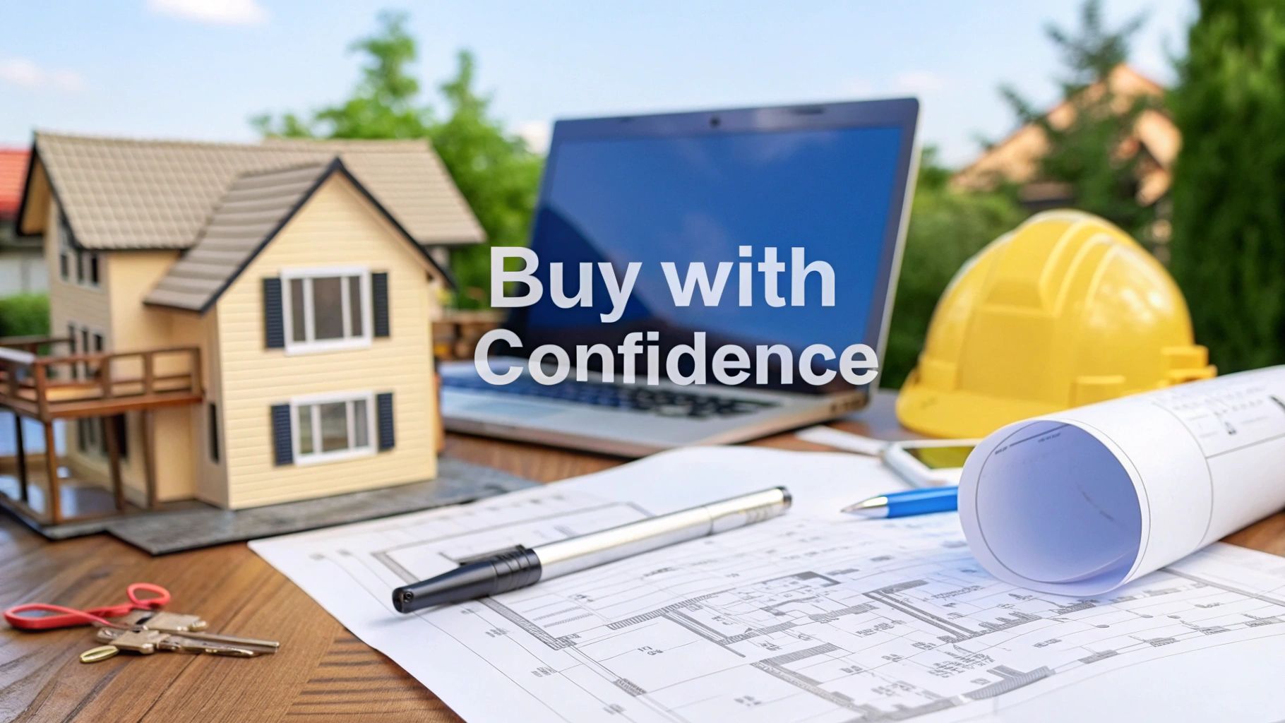 A small cream colored model house sitting on a wood table with blueprints , a yellow hard hat, a laptop and a pen with a black cap with words over the image that says Buy with Confidence.