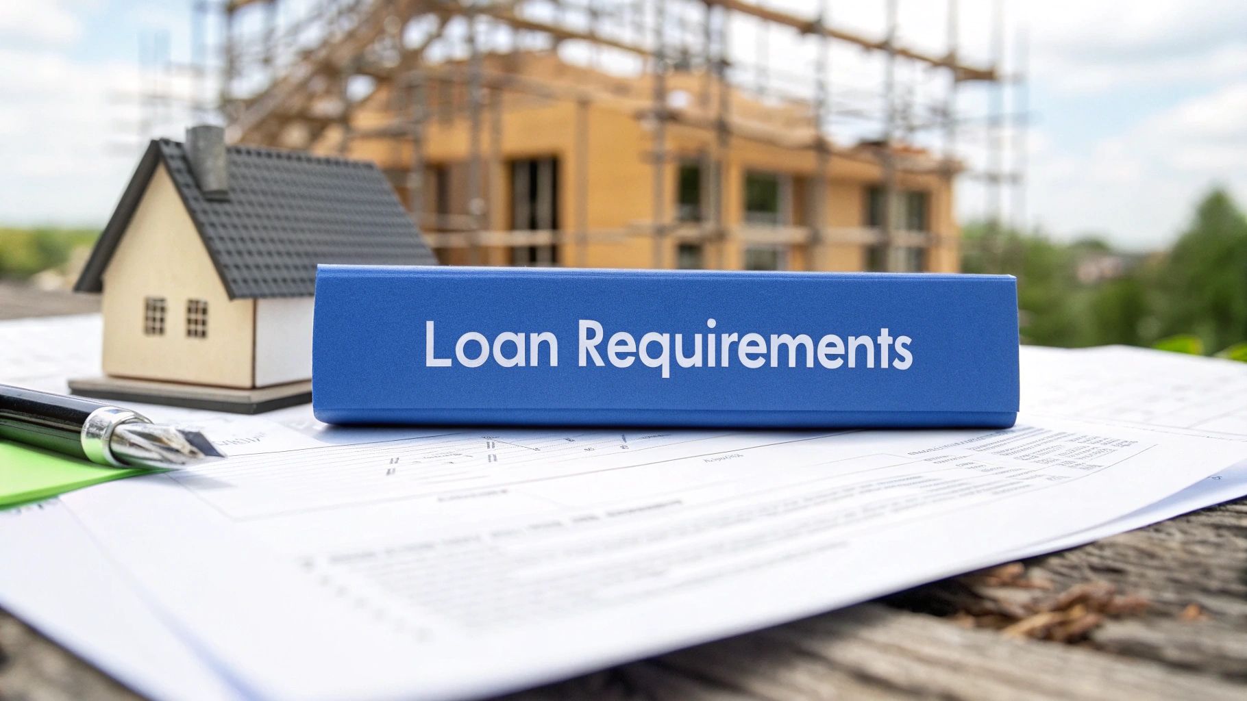 Blue prints on a table with a black ink pen, a small model house in front of a home being framed and a blue book that says loan requirements.