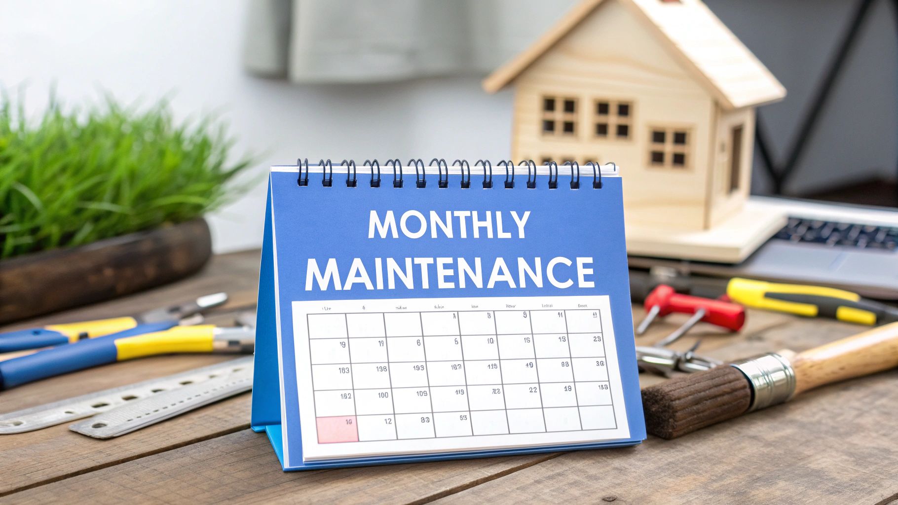 A small pop-up blue desk calendar that says monthly maintenance, sitting on a wood table with a small model house, wrench, brush and a small green plant.