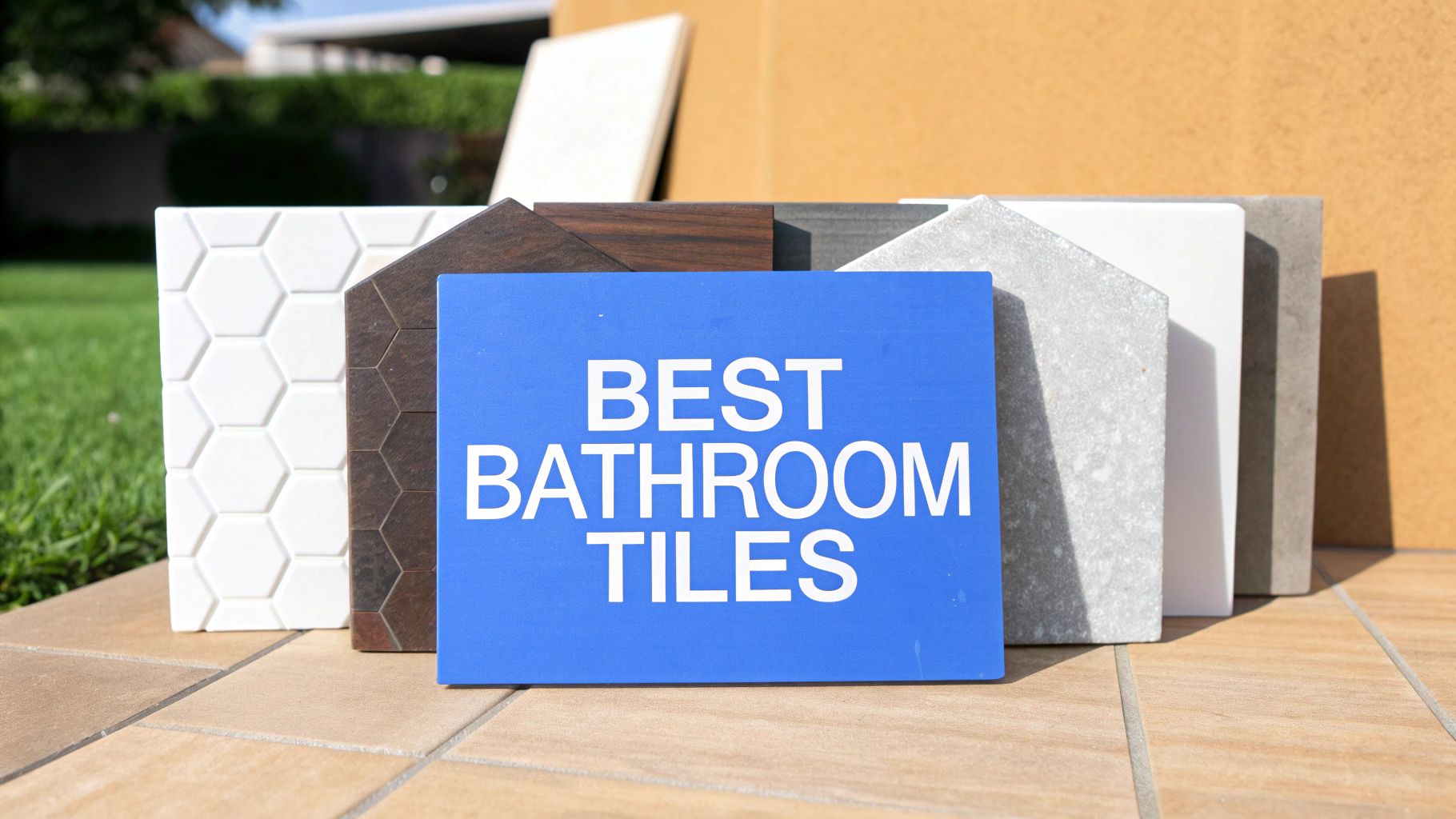 A picture of a bunch of tile samples leaning against a wall outside.