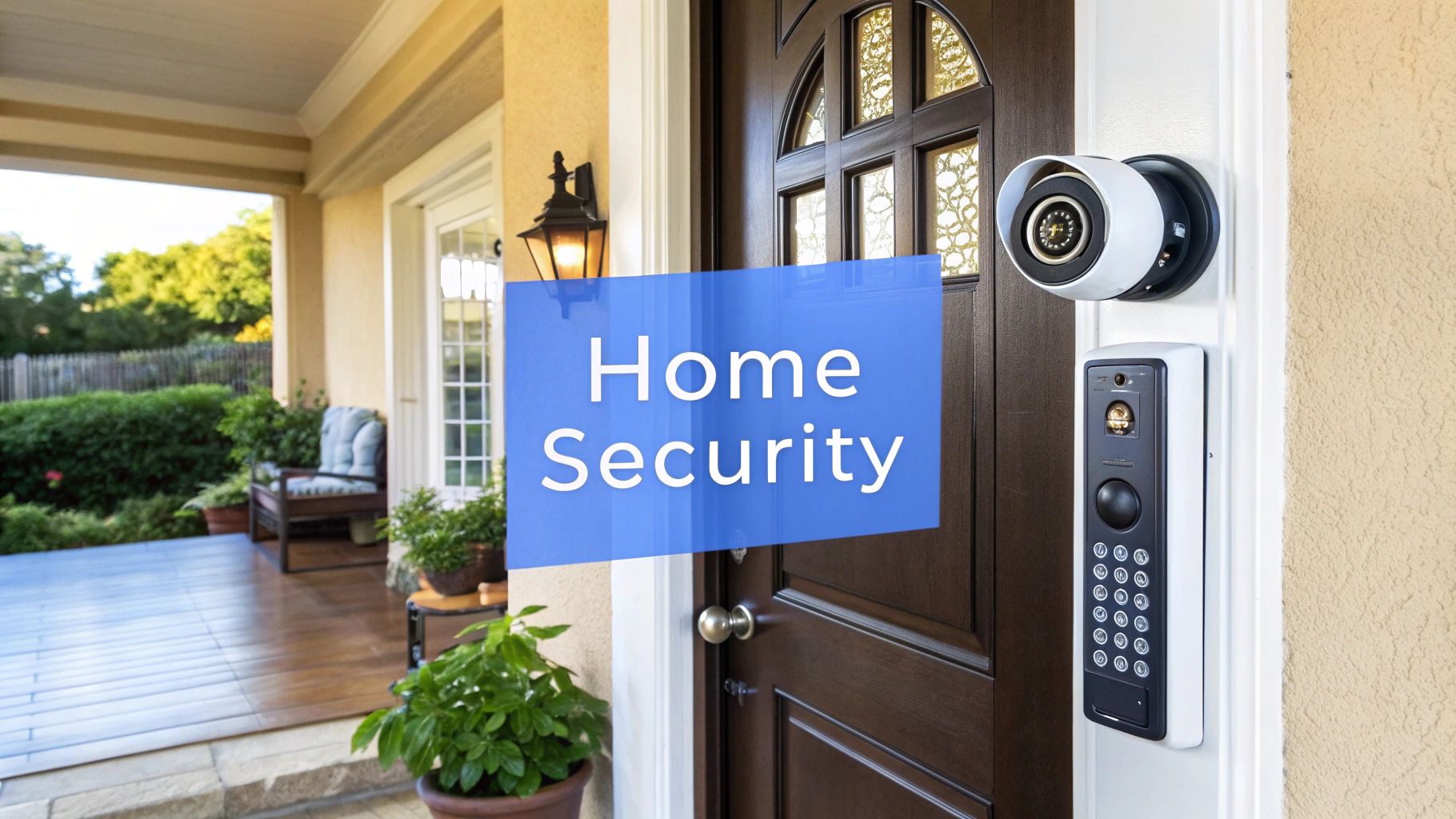 A front door of a home with a smart lock and camera.