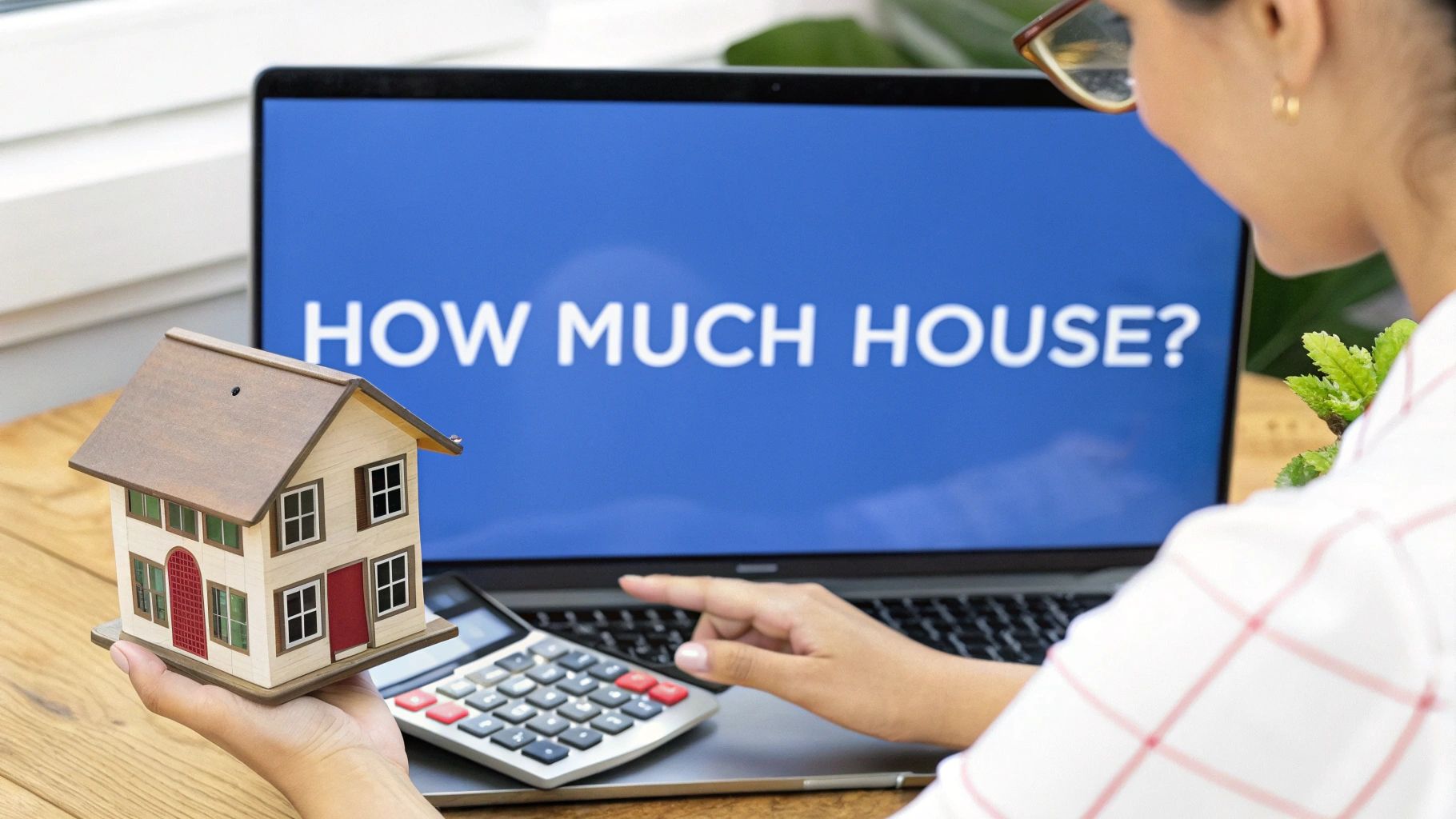 A picture of a small model house in the hand of a woman and her right hand working on a calculator with a laptop screen asking how much house can you afford.