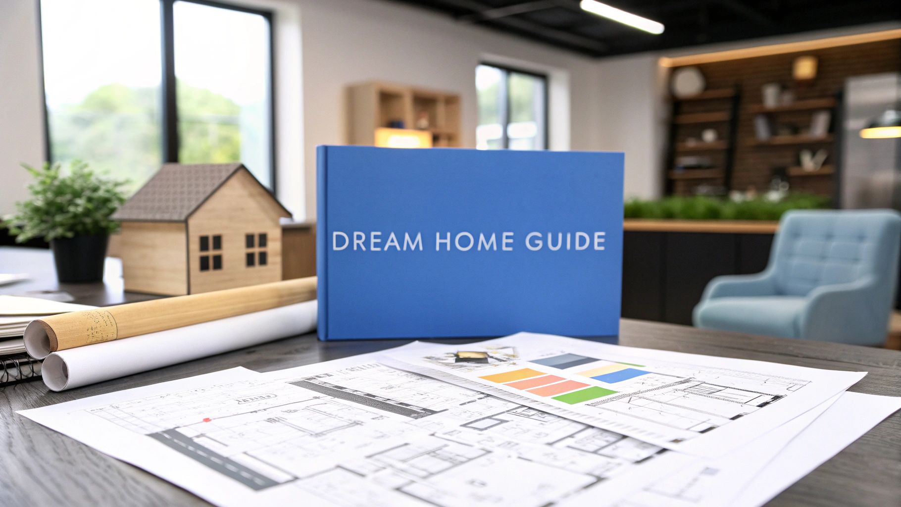Blueprints on a table with a small model house and a blue book that says Dream Home Guide on the cover.