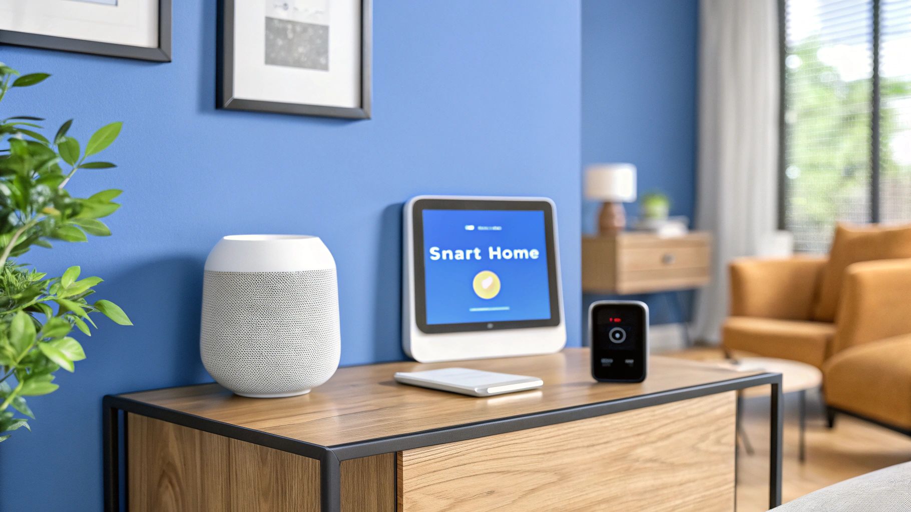 Smart home devices sitting on a small wood table next to wall painted blue.