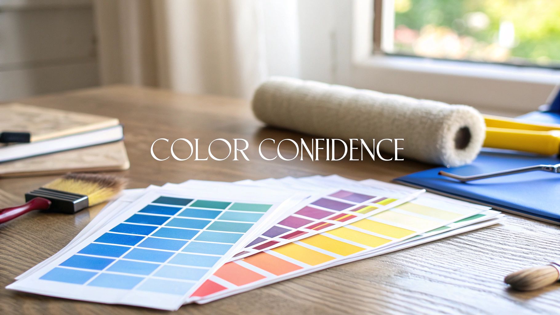 Paint swatches laying on a wood table next to a paint roller and paint brush in a room of a house next to a window.