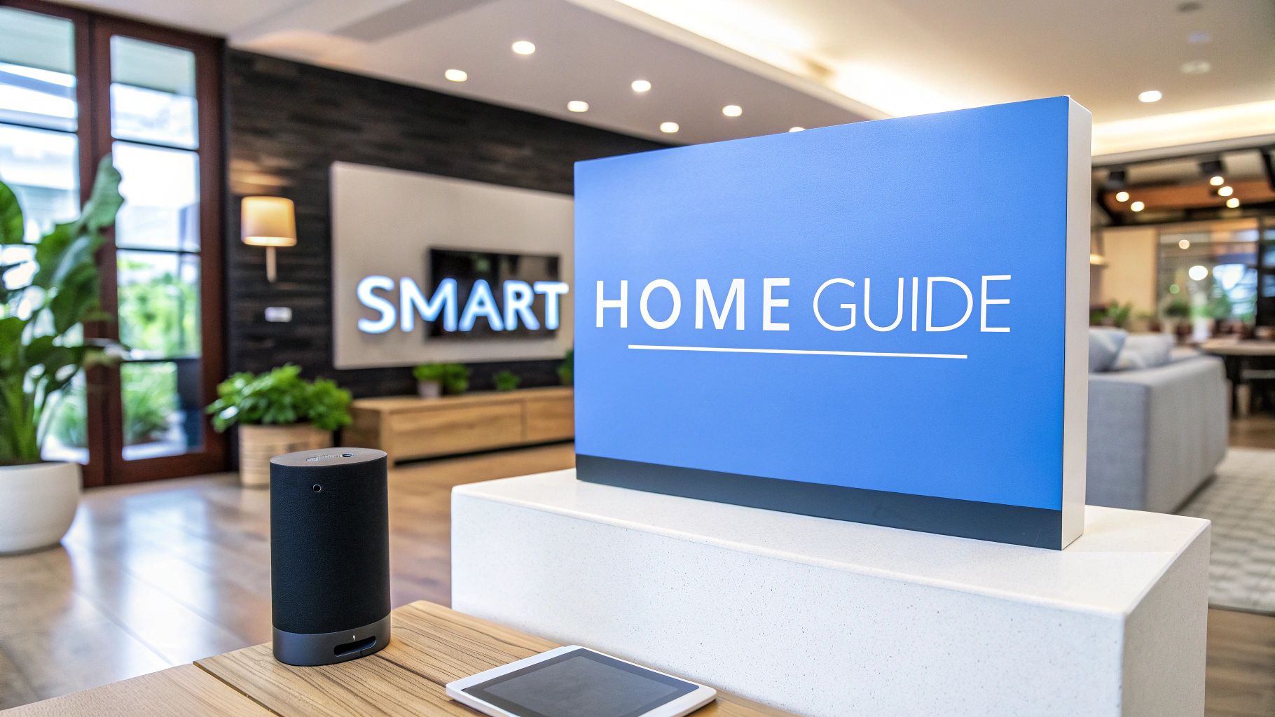 Inside of a living room of a home with a TV on the wall in front of a couch and hard wood floors with a blue sign that says smart home guide.