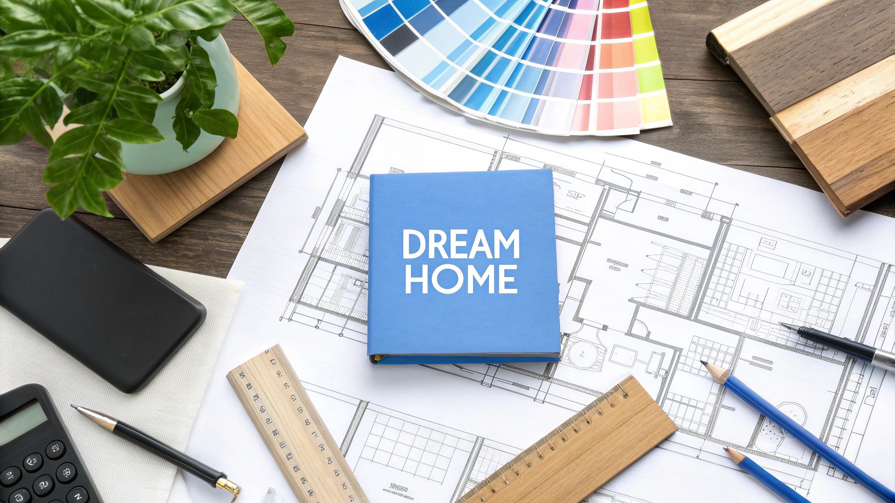 A book that says dream home laying on top of blue prints of a home with design samples laid around it.