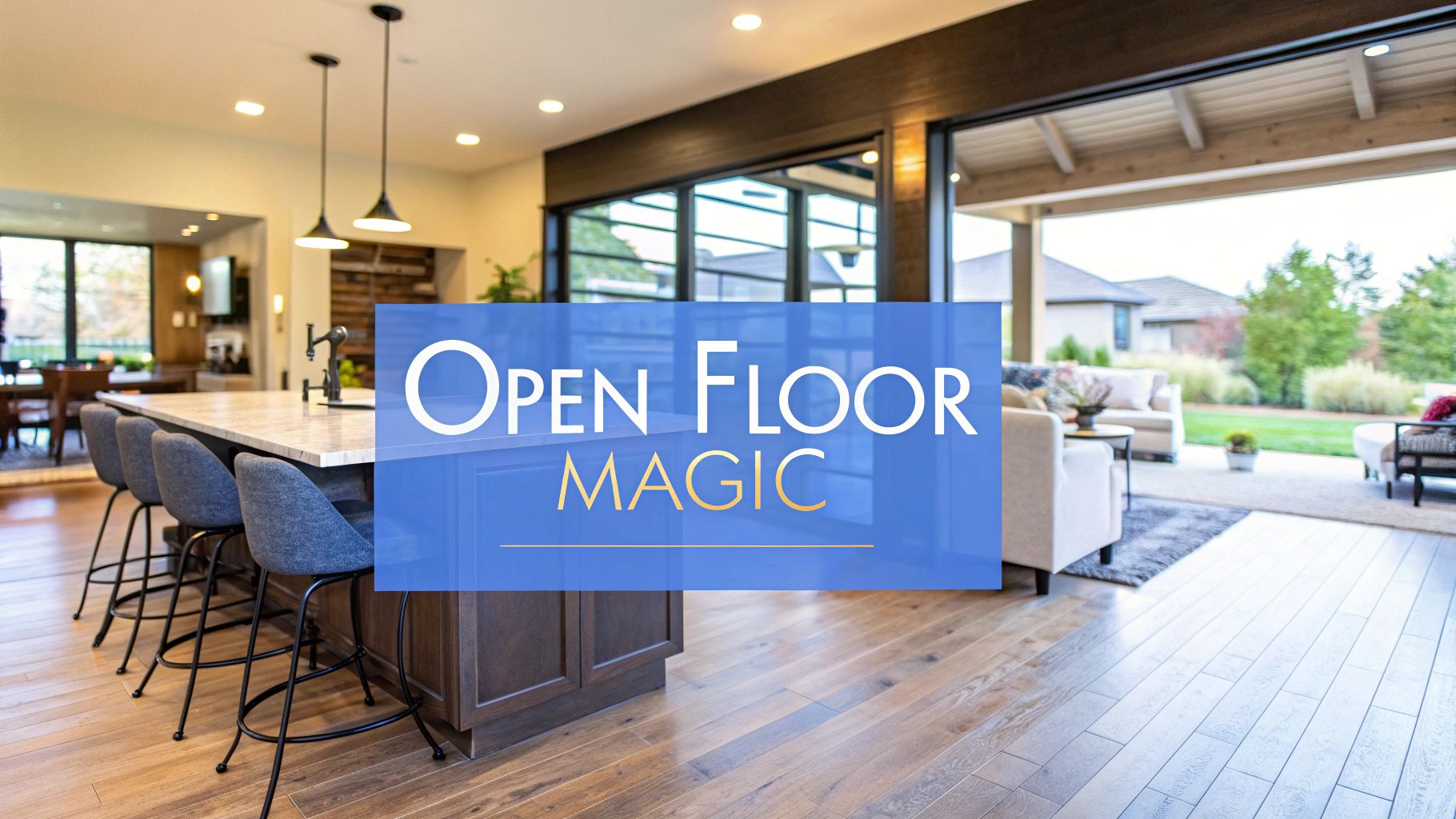 A picture of a open home floor plan with a large kitchen island and kitchen opened to the outdoors with words on the image that says open floor magic.