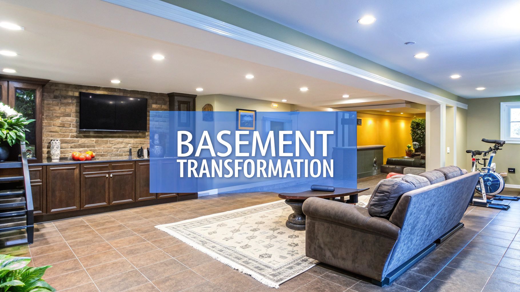 A picture of a finished basement with a TV on the wall above a wetbar and a couch with tile floors and an exercise area next to the couch.