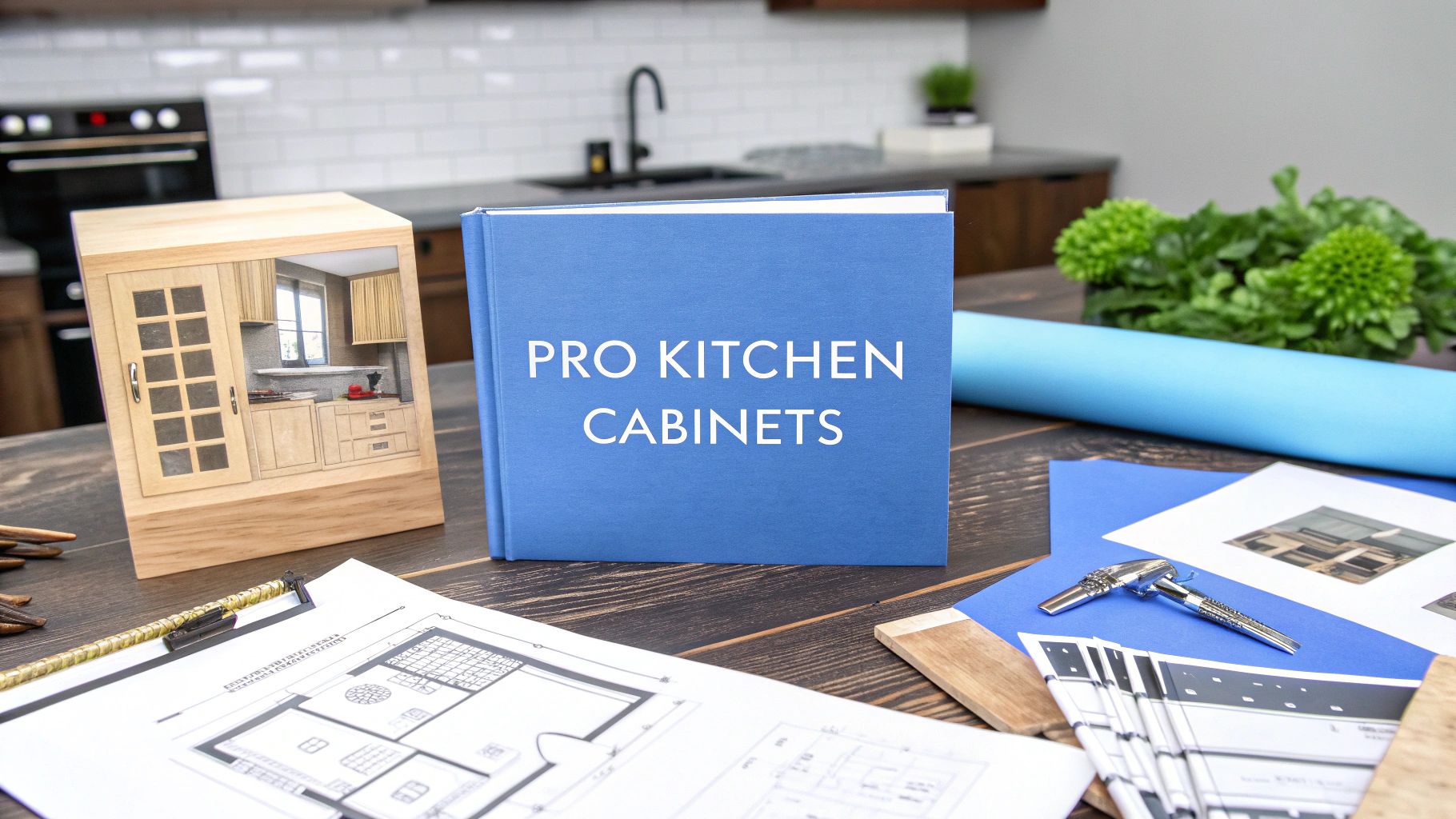 A picture of a kitchen with dark countertops and a floor plan sitting on the island with pictures and a blue book that says pro kitchen cabinets.