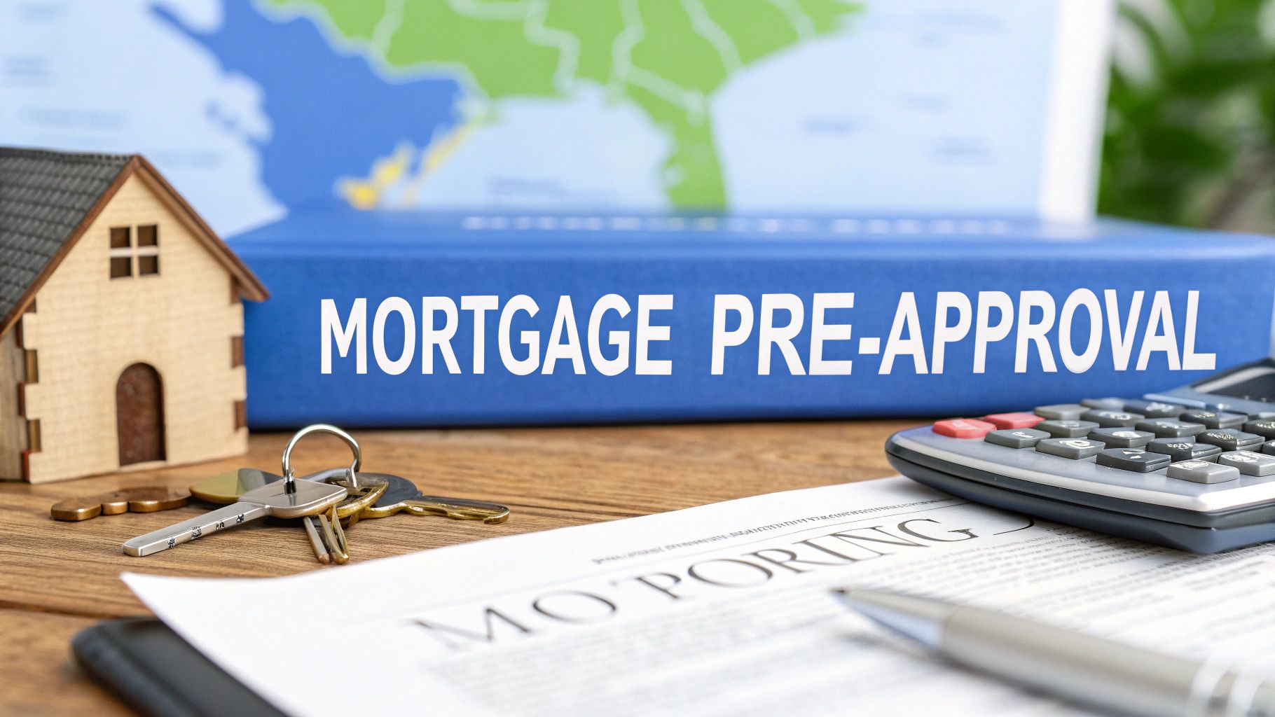 A small model on a table with a blue book that says mortgage pre-approval and a calculator, keys on the table.