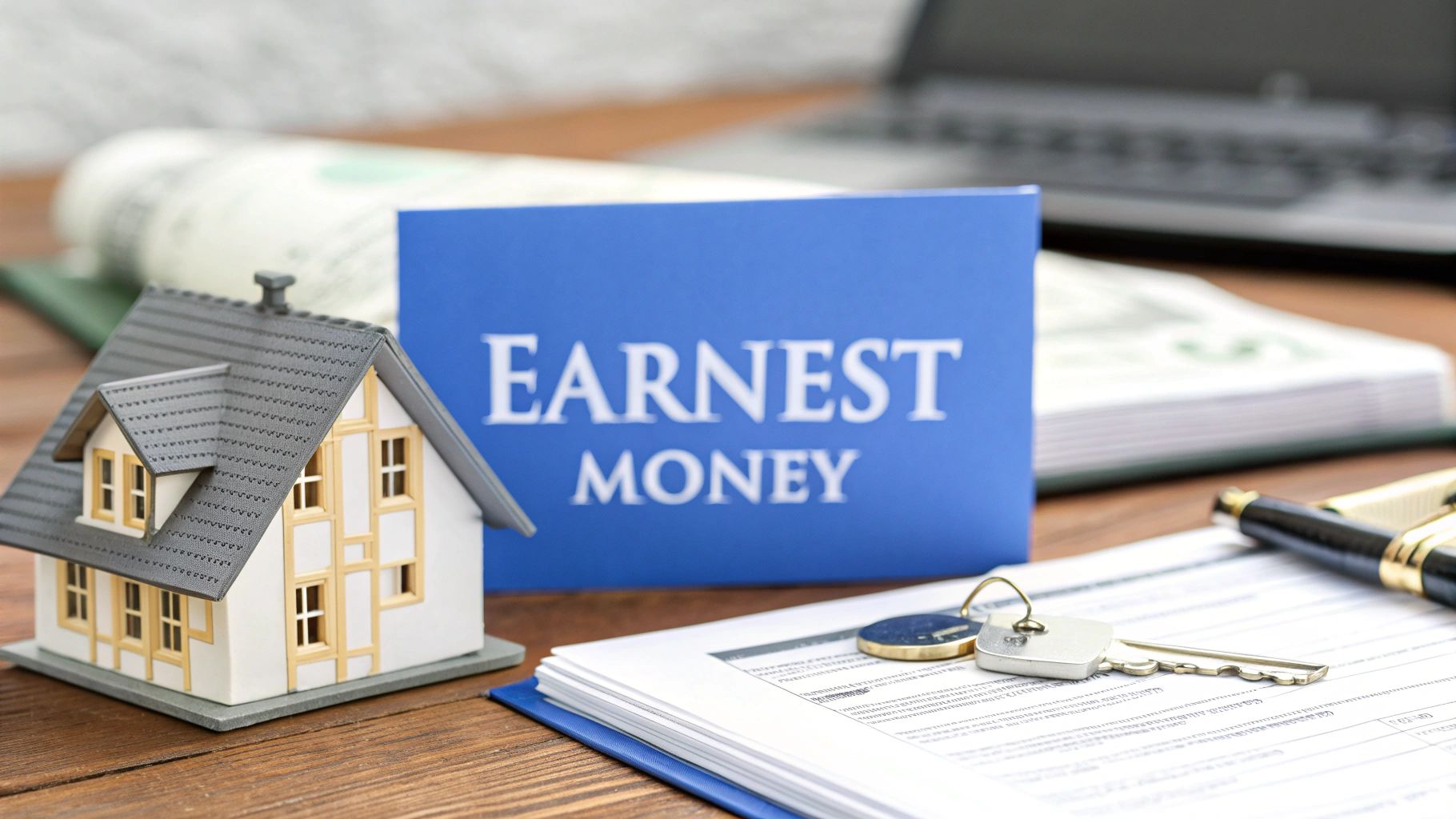 A small model house on a wood table next to papers with keys and a pen laying on top and a blue sign that says earnest money.
