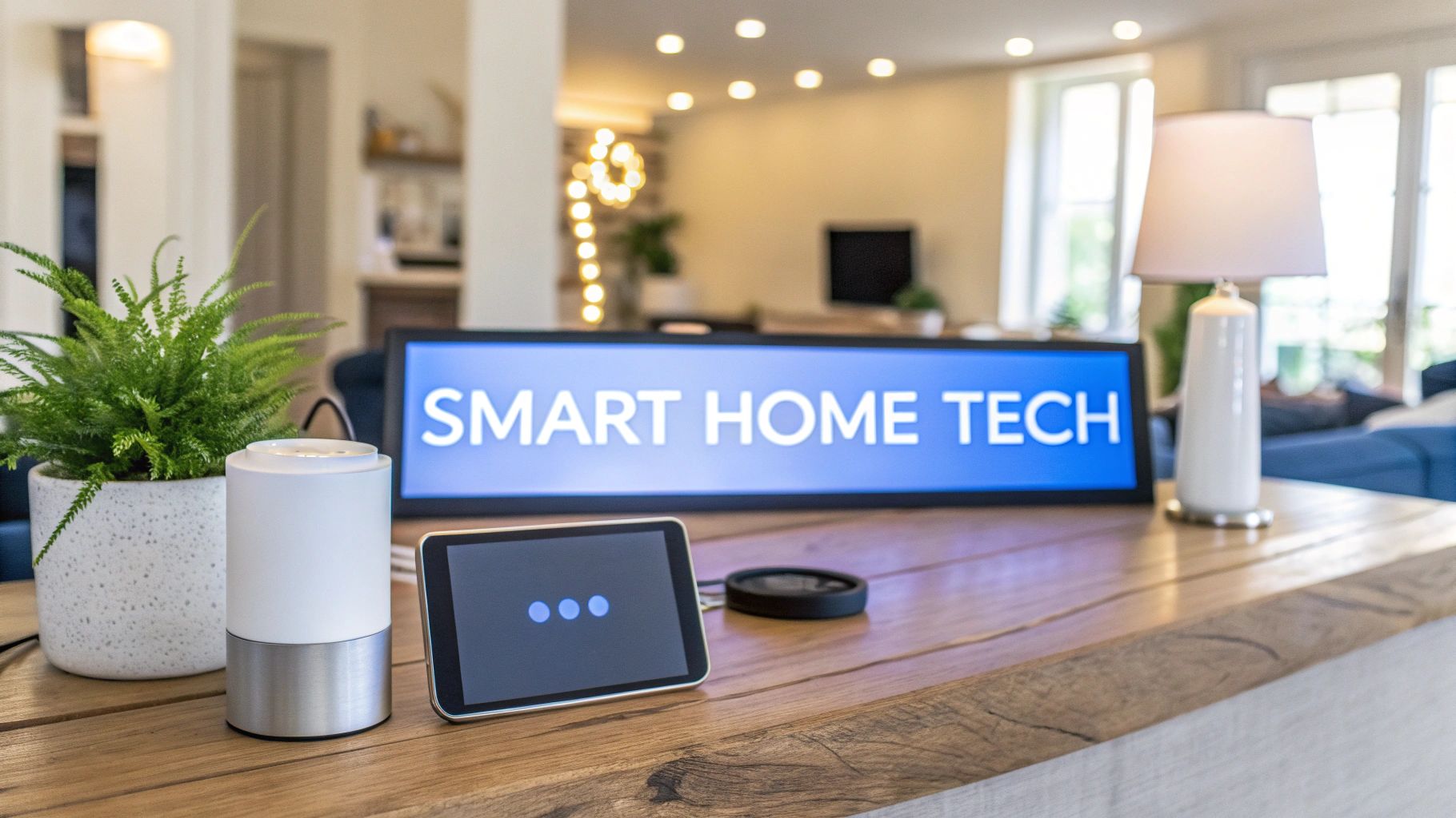 Smart Home devices on a wood table with a small white lamp and a small green plant in a white pot.