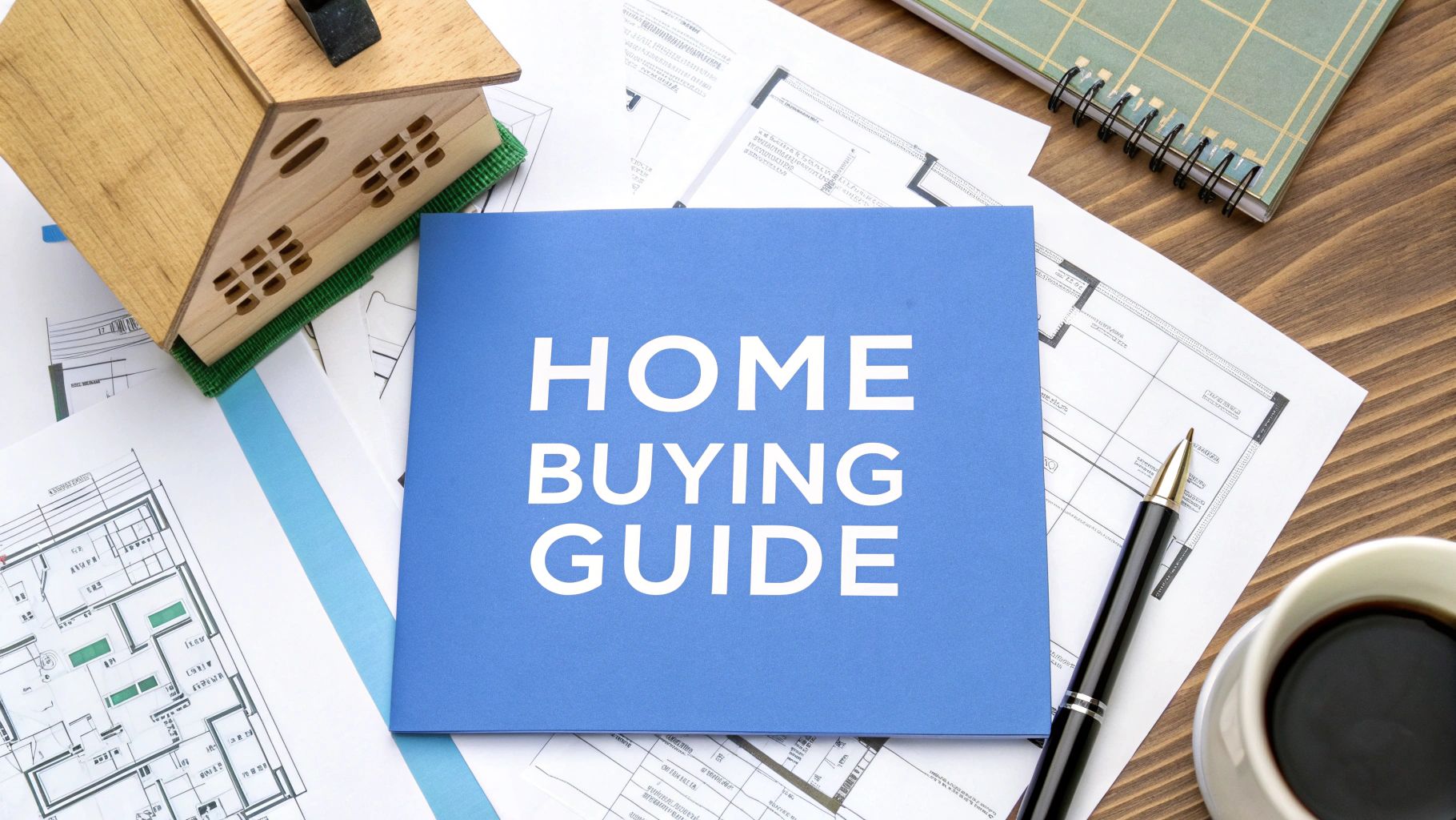 A small model house sitting on a wooden table next to blueprints, a pen, a cup of coffee and a note pad with a blue paper that says home buying guide.
