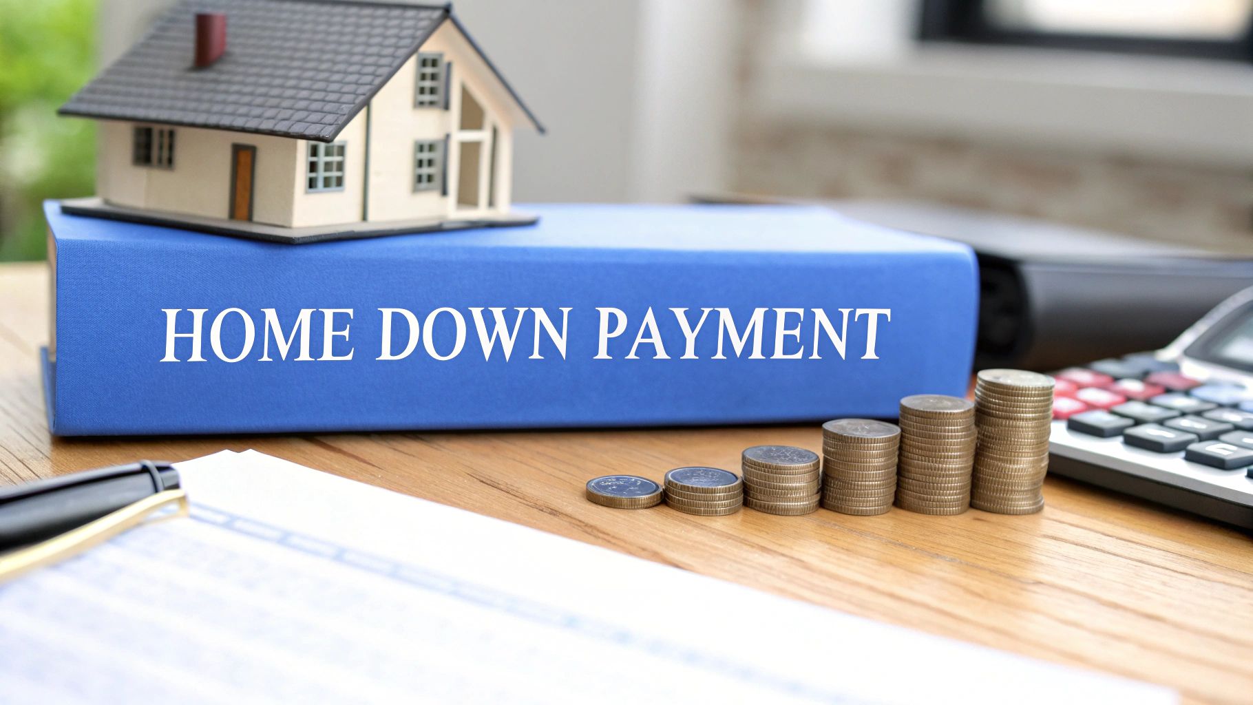 A blue book laying on a wood table with the book binding saying home down payment. There is a small model house sitting on the book and six stacks of coins and a calculator on the desk.