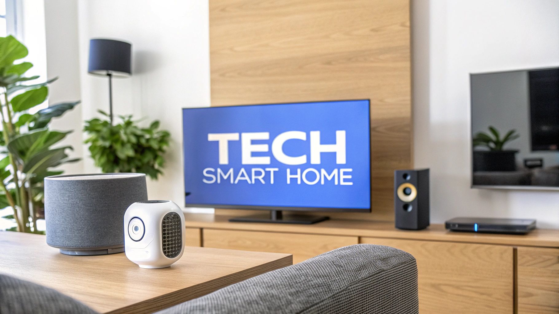 Smart home devices on a wood coffee table in front of a TV that says tech smart home