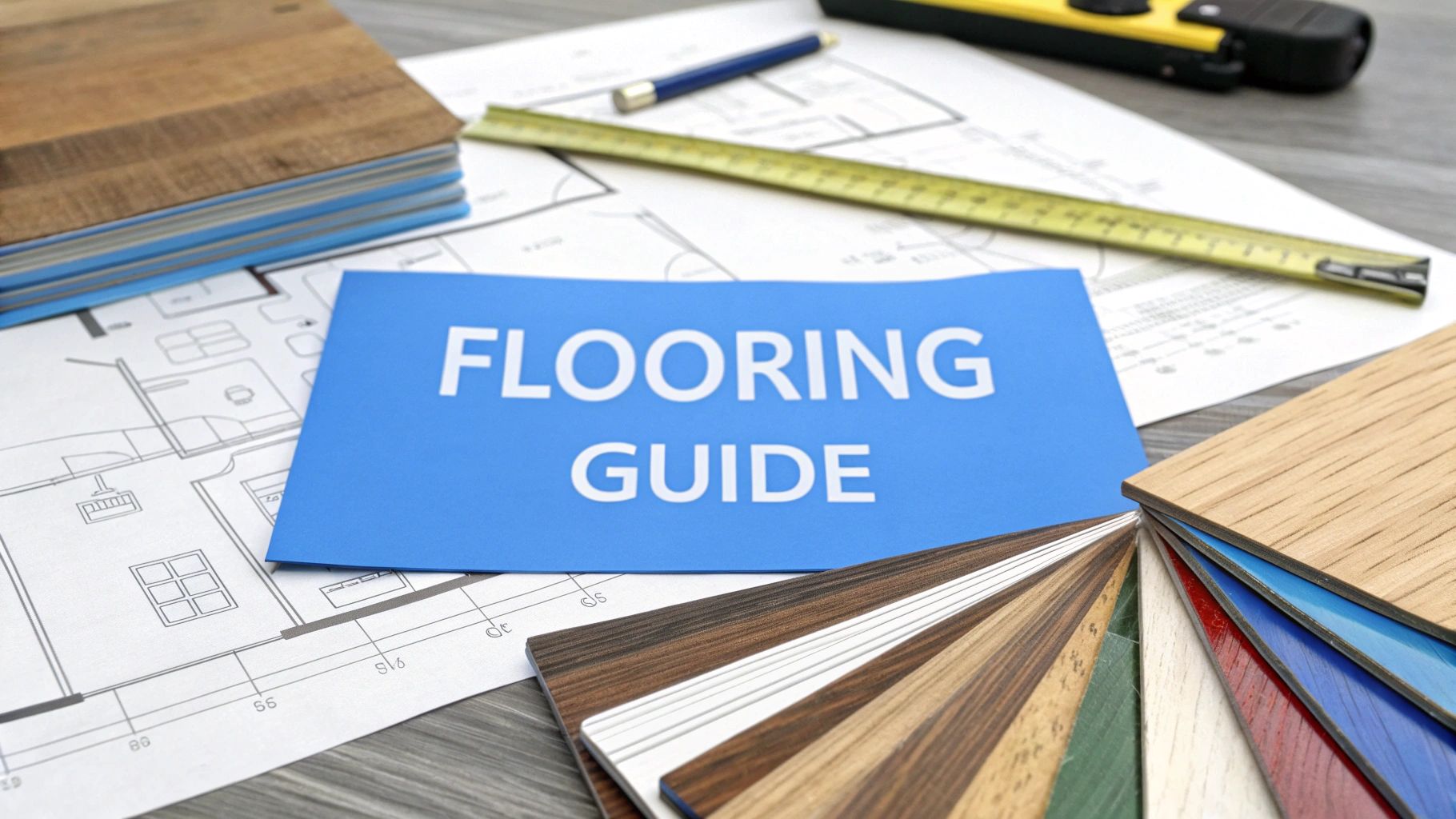 Flooring samples laying on a wood table next to blueprints with a tape measure next to it.
