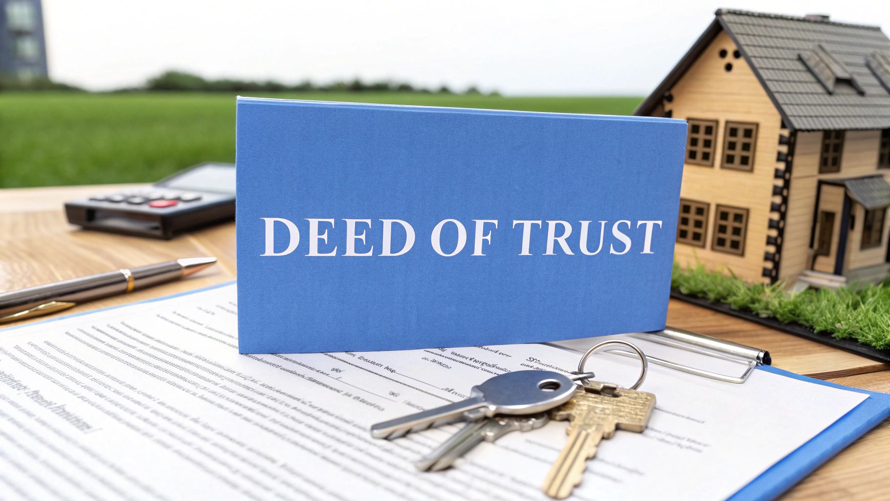 A deed to a home in a blue clip board laying on a wood table with keys laying on top and a calculator and pen next to it in front of a model home sitting on top of grass.