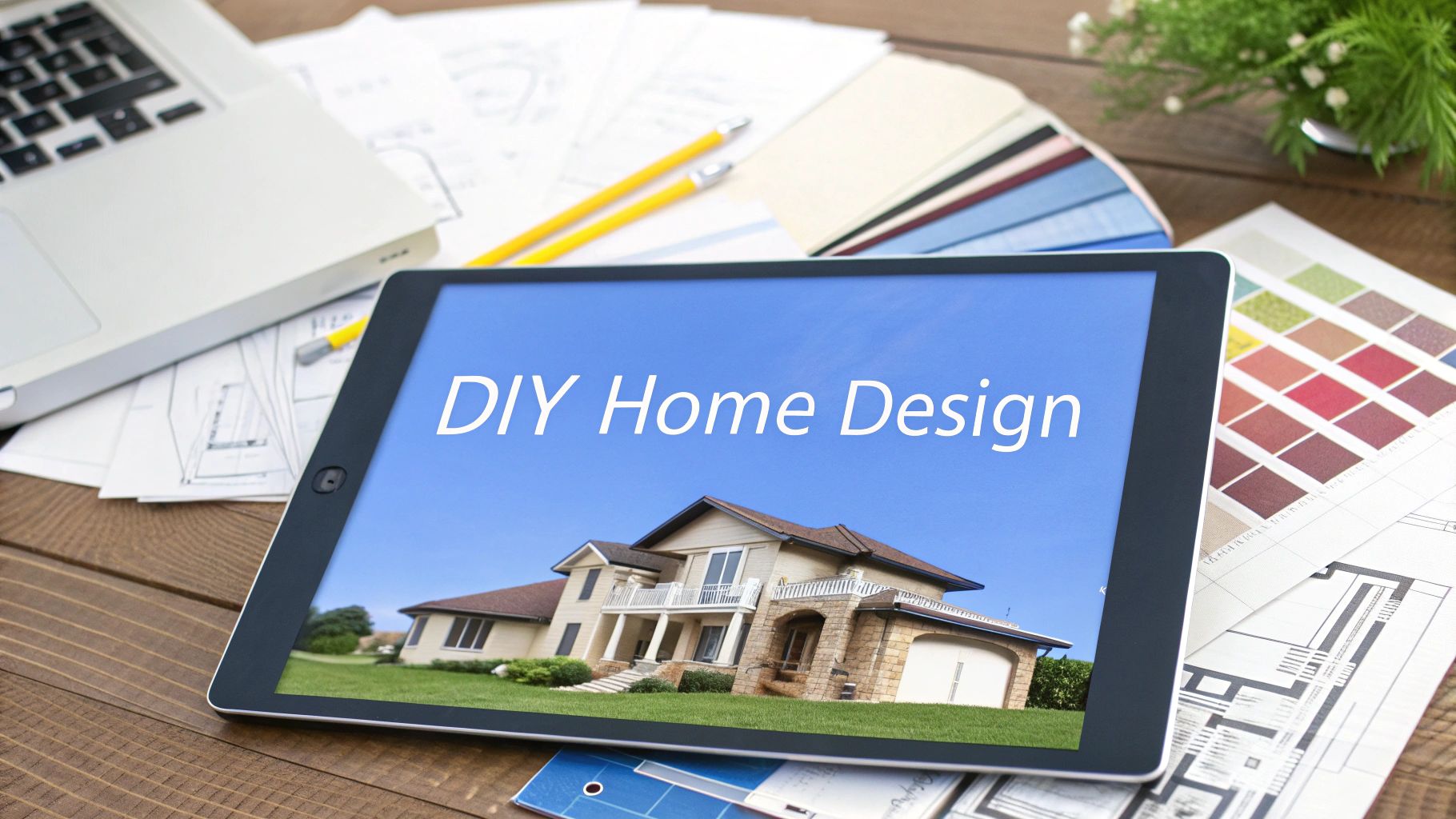 A tablet laying on a wood table over paint swatches and a floor plan with words on the tablet screen that says DIY Home Design.