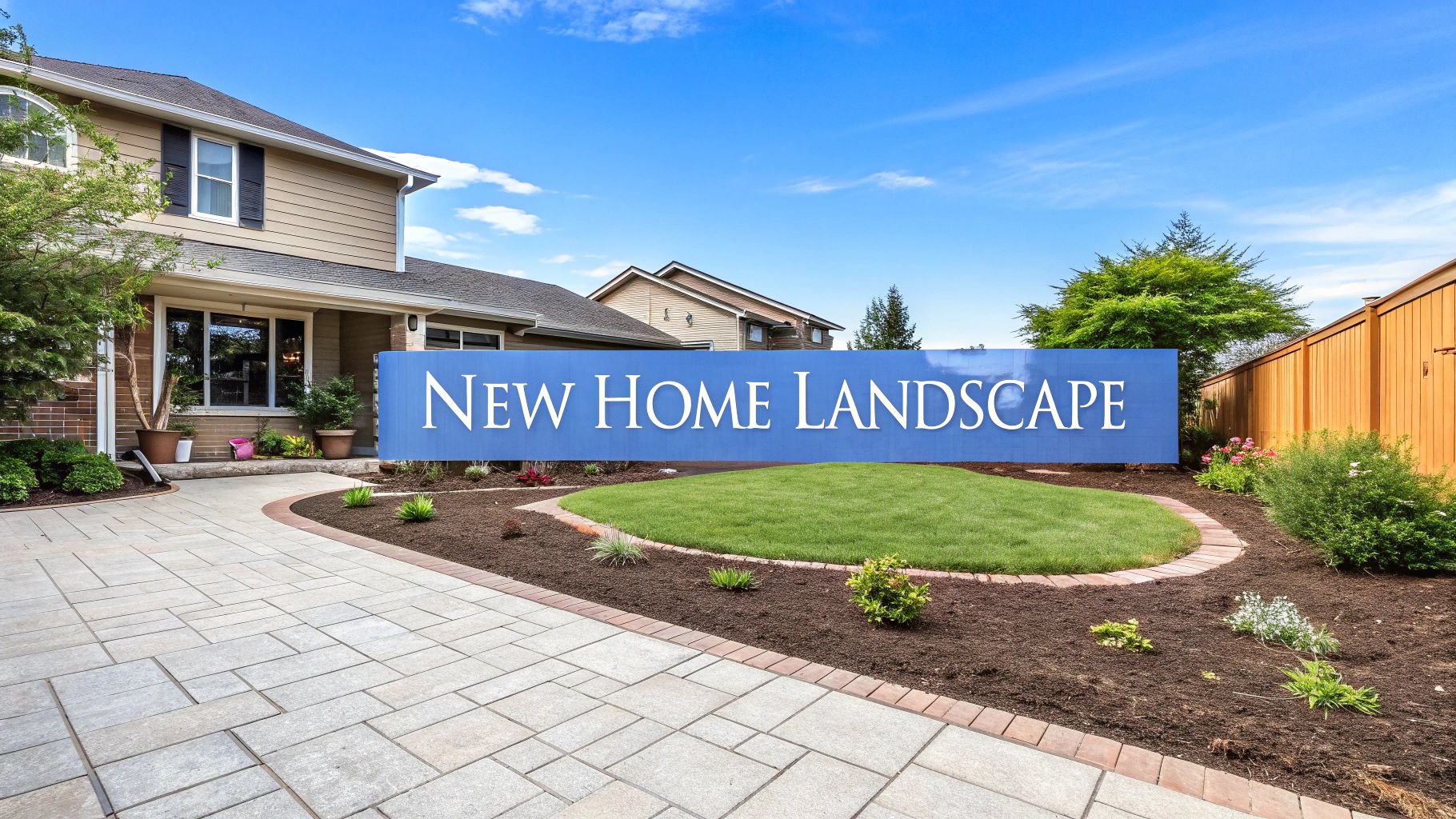A two story home with a paver brick driveway and a green grassy circular yard surrounded by much and plants.