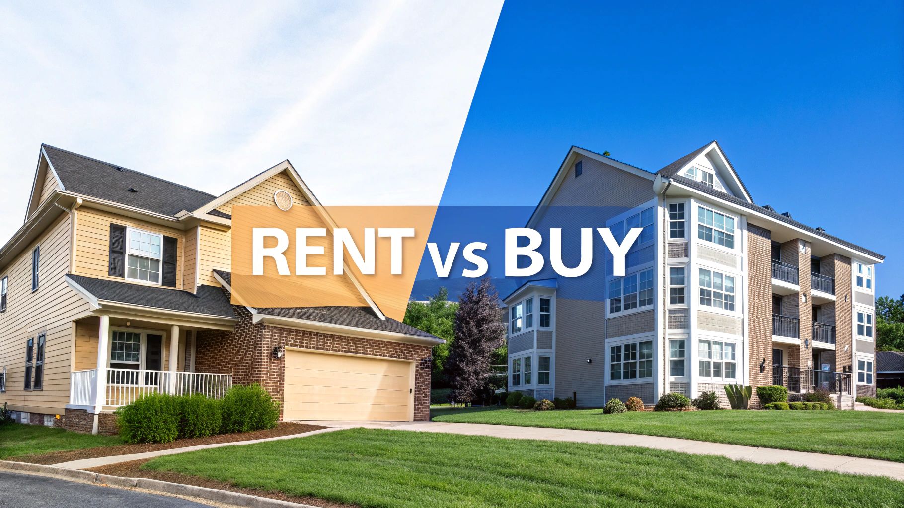 A picture of the outside of a single family home and an apartment building with words on the image rent vs. buy.