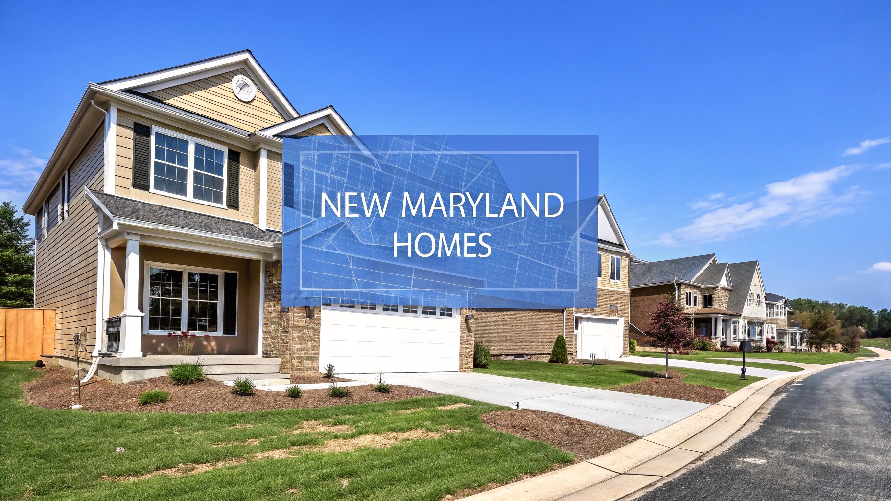 New homes on a street with a blue sign that say new Maryland homes on a sunny day.