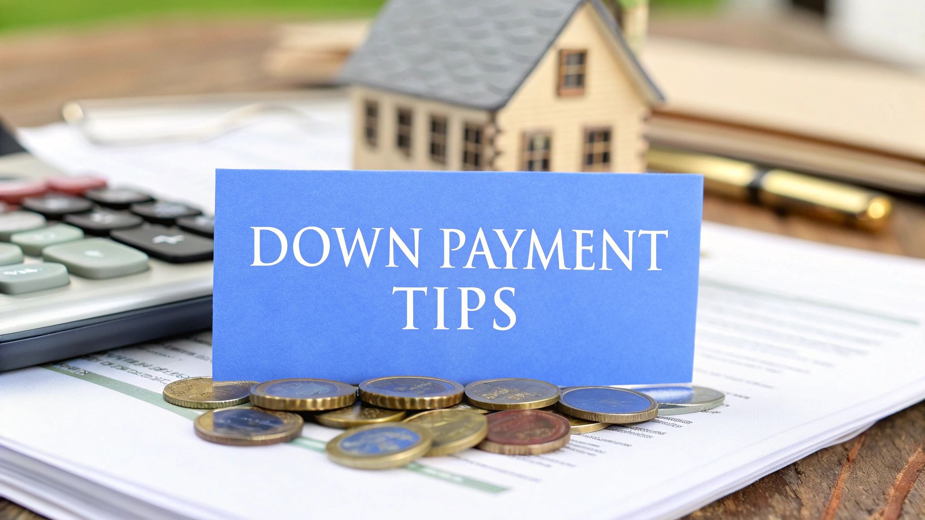 Coins on top of a home blueprint next to a calculator on a table with a small house model and pen and a blue sign that say down payment tips.