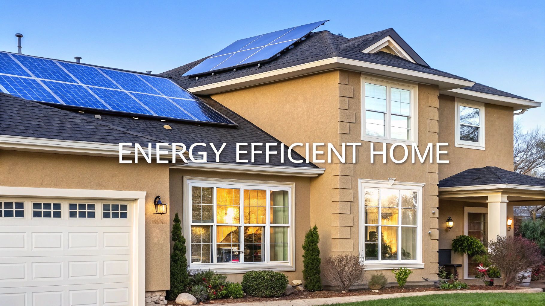 A home with solar panels on the roof with words on the image that says energy efficient home.