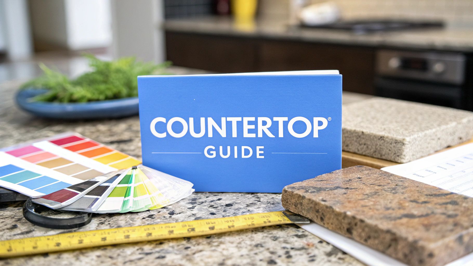 Countertop samples on top of a granite countertop in a kitchen next to paint swatches.