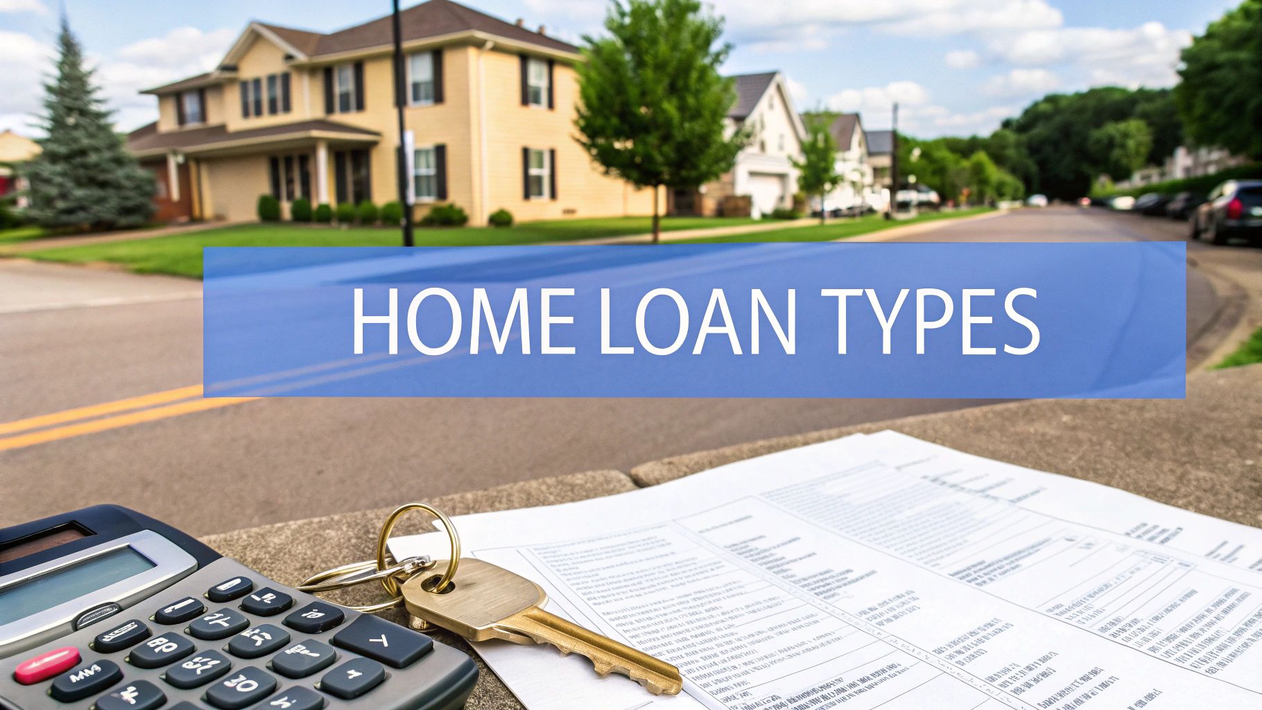 A picture of a home loan estimate sheet on a sidewalk next to keys and a calculator with houses across the street in the background.